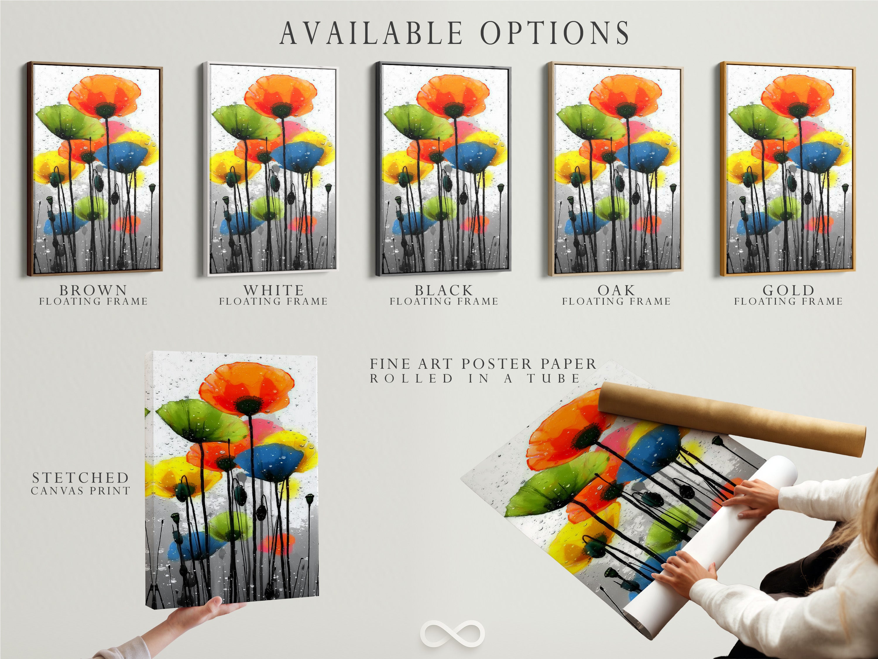 Available options include a stretched canvas print fine art poster paper and a floating frame. Select the perfect format for your colorful poppy artwork. Enhance your space with modern floral wall art. The abstract flower painting is great.
