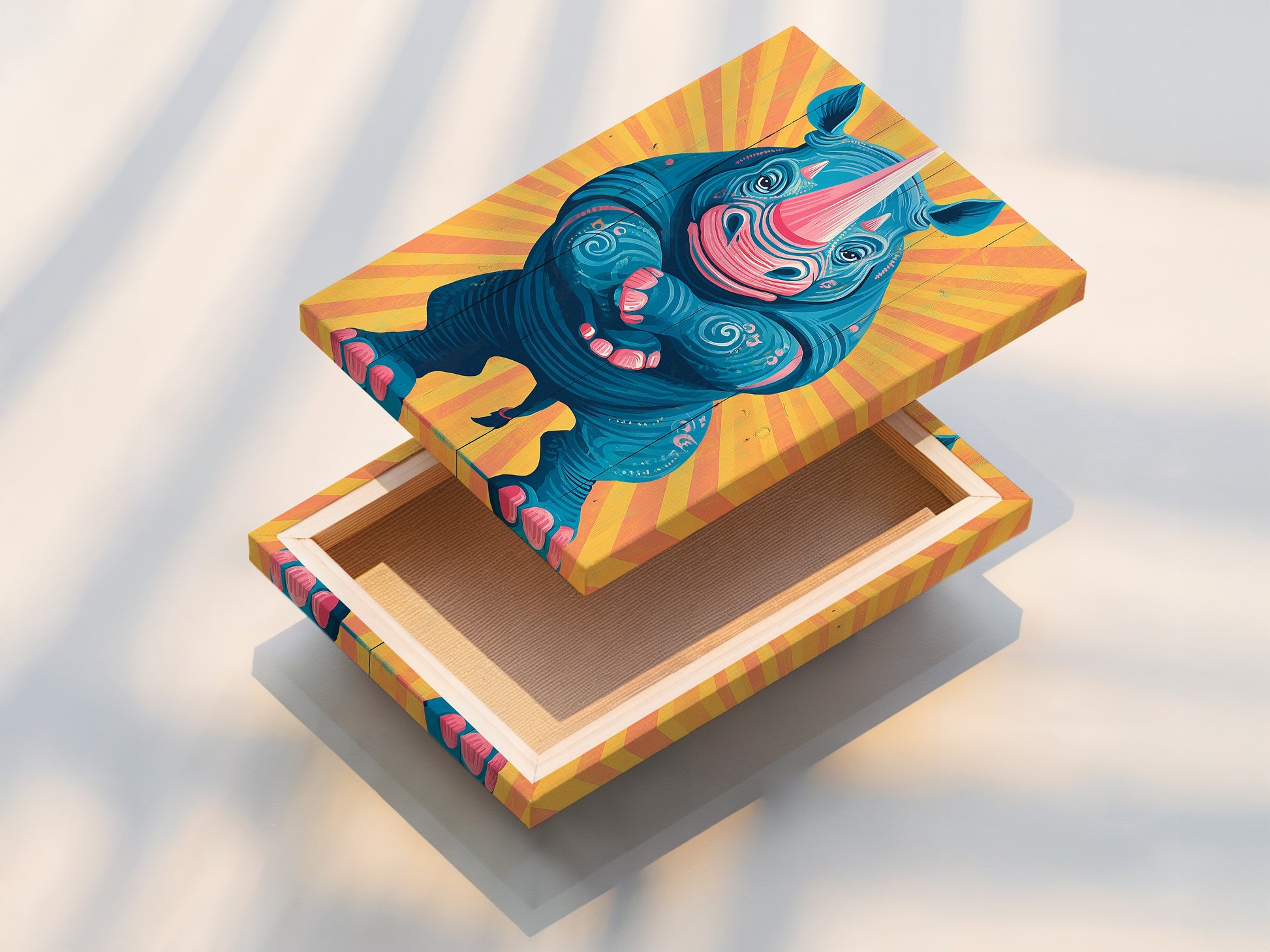 A stretched canvas print of the rhino artwork is displayed. The canvas texture enhances the artwork's visual appeal. Stretched canvas prints are ready to hang. Perfect for adding instant style to any space. Discover modern artwork options today.