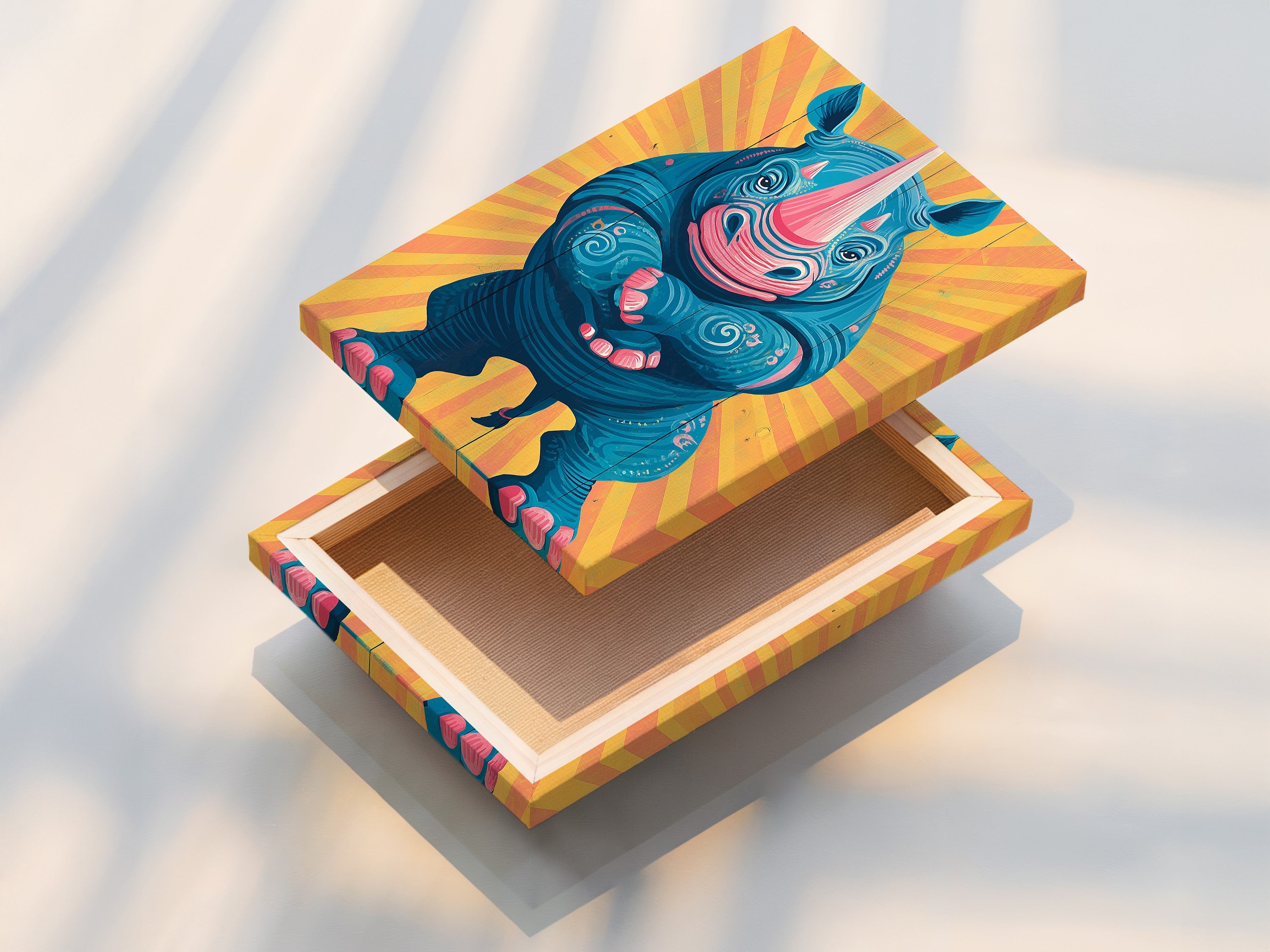 A stretched canvas print of the rhino artwork is displayed. The canvas texture enhances the artwork's visual appeal. Stretched canvas prints are ready to hang. Perfect for adding instant style to any space. Discover modern artwork options today.