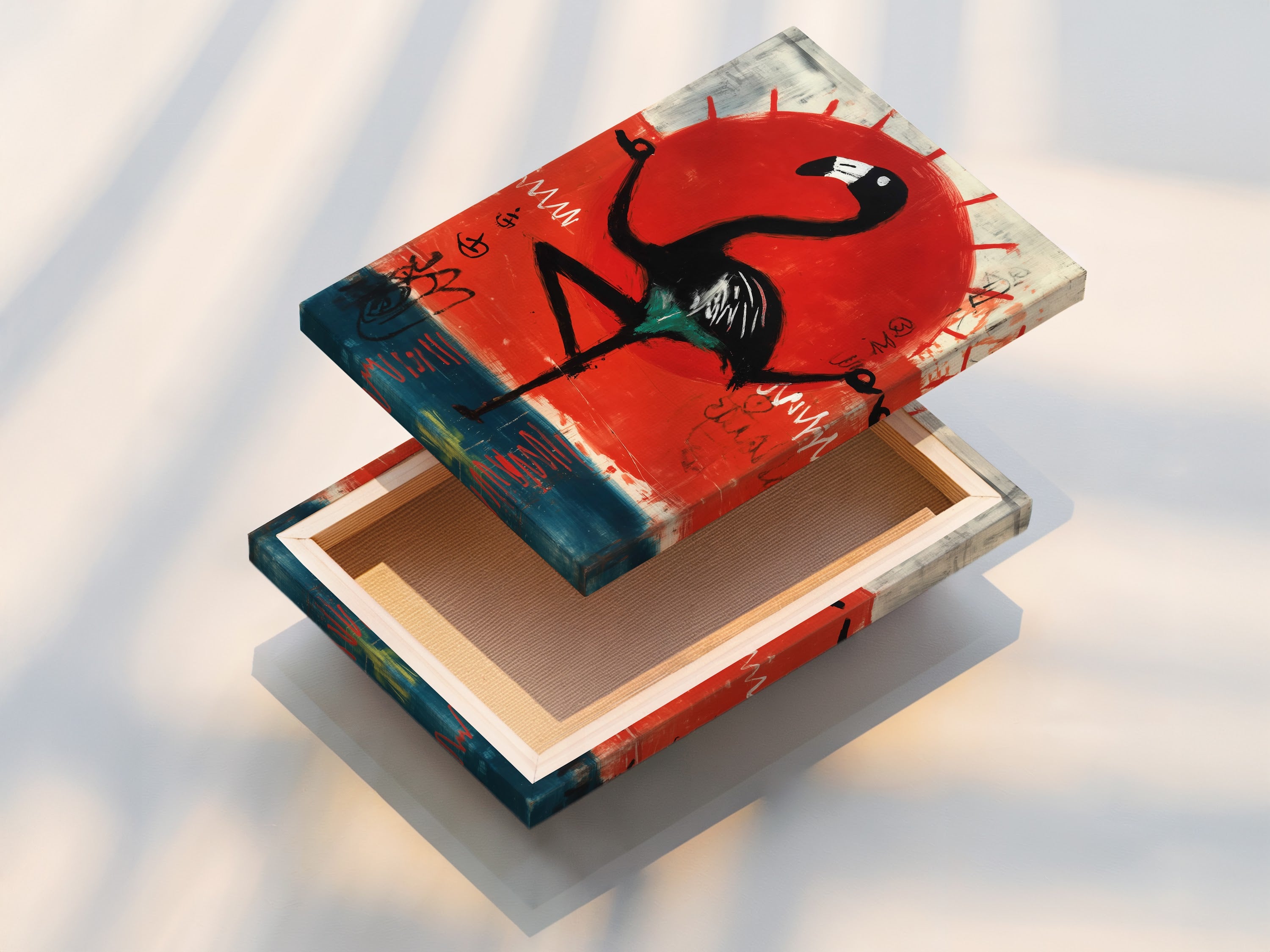 The stretched canvas print displays modern flamingo artwork. The bird art is vibrant and ready to hang. The red sun art adds a pop of color to any room. Perfect for contemporary living room wall art. Enhance your space with this tropical wall art.