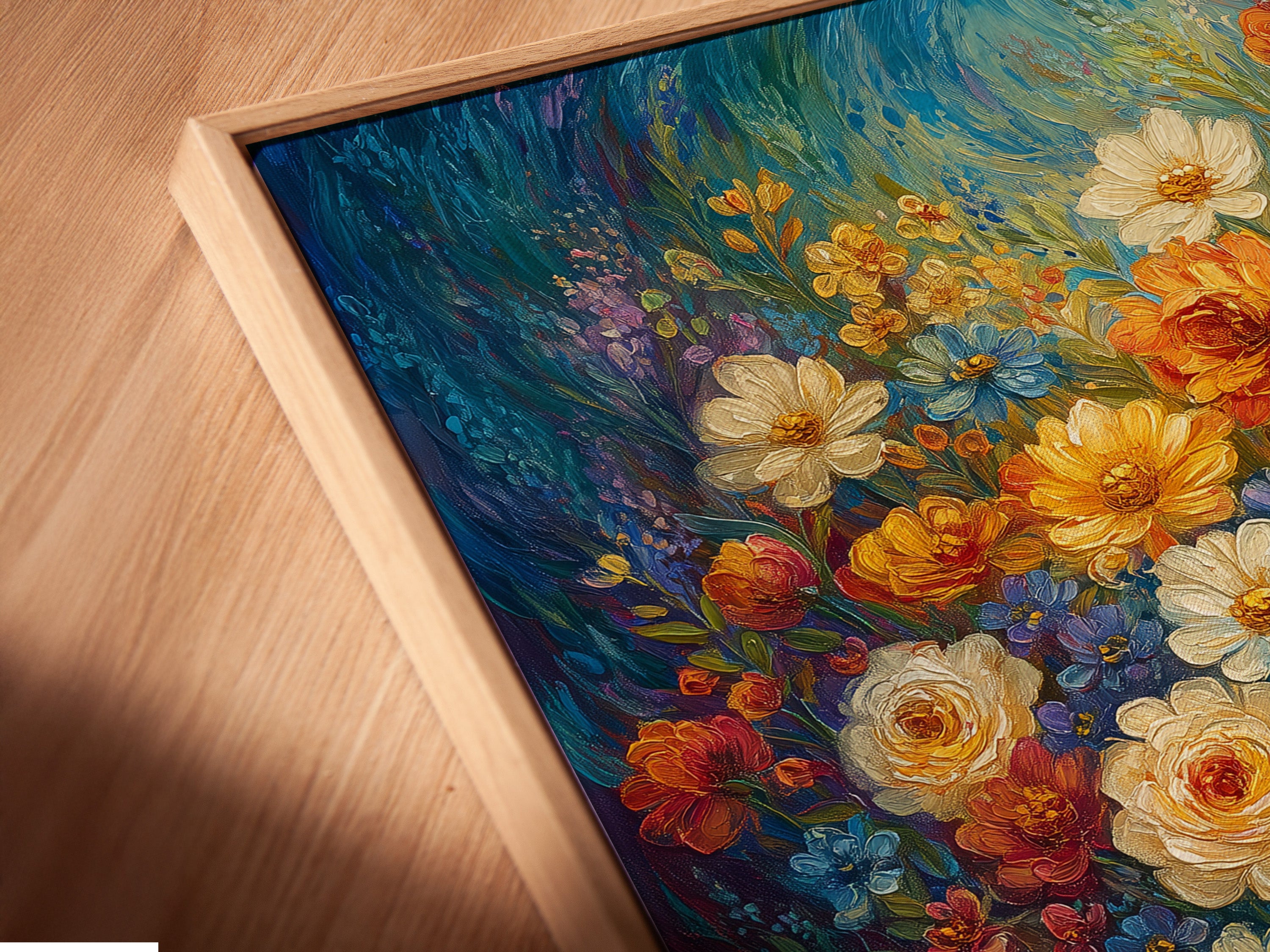 A close-up angled shot showcases a canvas print in a floating frame. The floral bathtub artwork features a vintage clawfoot tub. This botanical piece enhances bathroom wall decor. It brings a bohemian and eclectic style. The primary color is blue. The secondary color is yellow. This view highlights the texture and detail of the artwork.