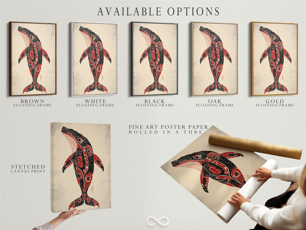 Explore the available options for this whale artwork. Choose between a stretched canvas print. Or go with fine art poster paper. Consider a floating frame for your pacific northwest native art.