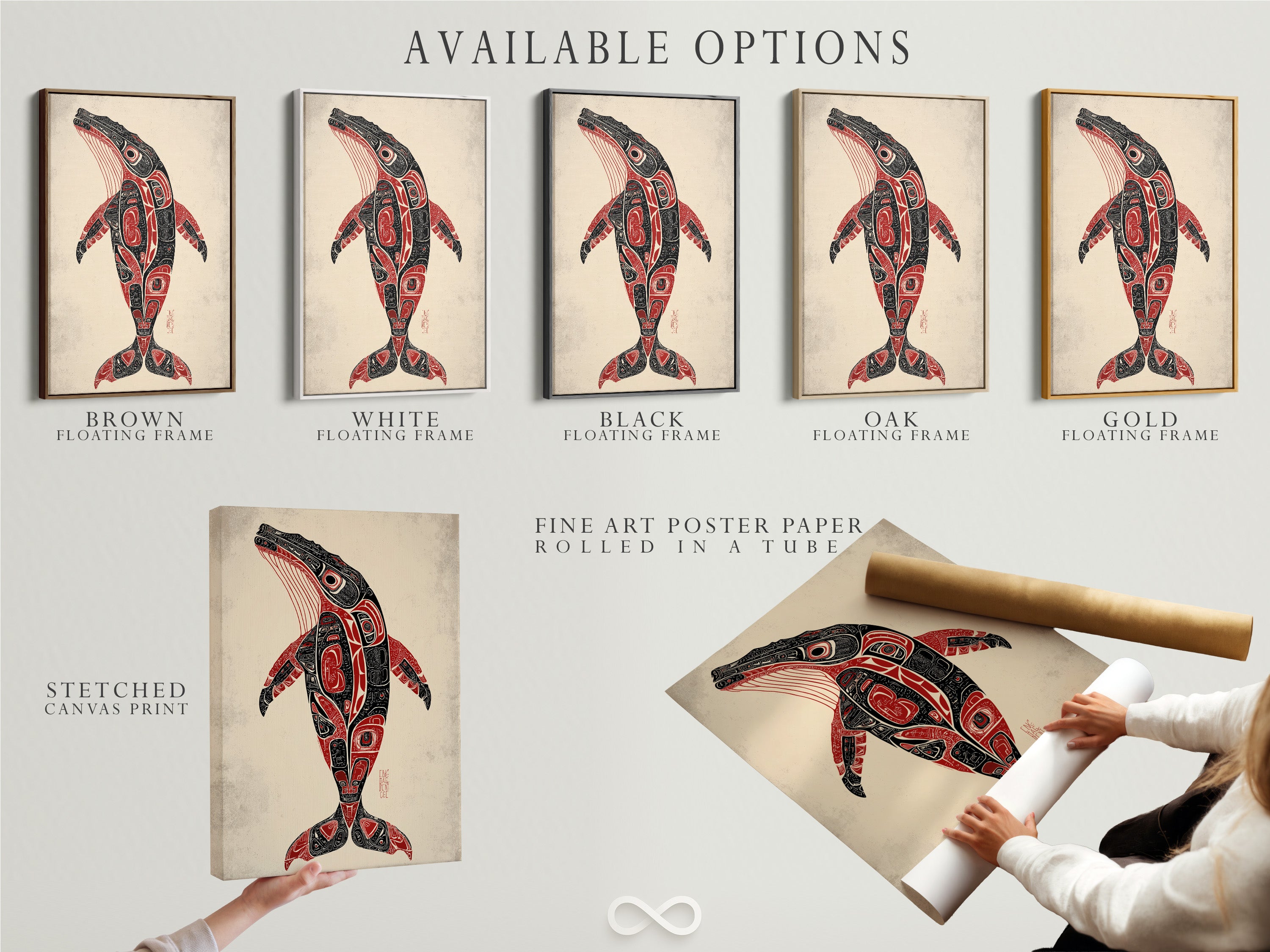 Explore the available options for this whale artwork. Choose between a stretched canvas print. Or go with fine art poster paper. Consider a floating frame for your pacific northwest native art.