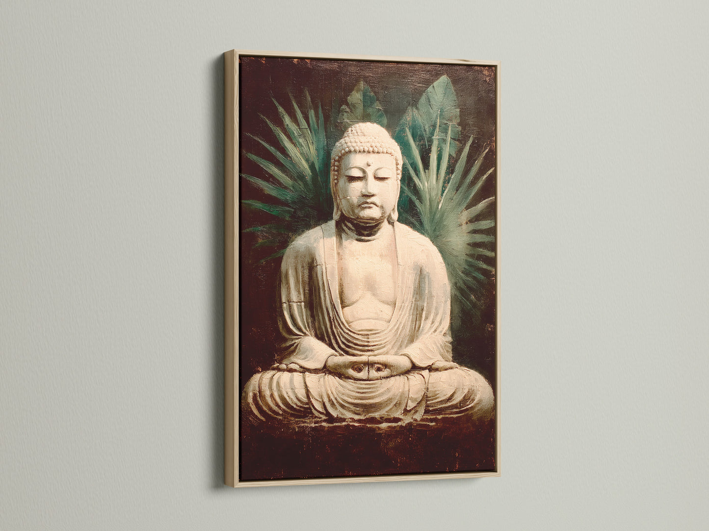 Vintage Buddha artwork displayed in an oak frame. The spiritual zen decor enhances any meditation space. This buddha art brings peace and calm. The oak frame adds a natural touch. This is perfect for yoga studio art or a peaceful home.