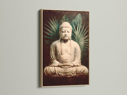 Vintage Buddha artwork displayed in an oak frame. The spiritual zen decor enhances any meditation space. This buddha art brings peace and calm. The oak frame adds a natural touch. This is perfect for yoga studio art or a peaceful home.