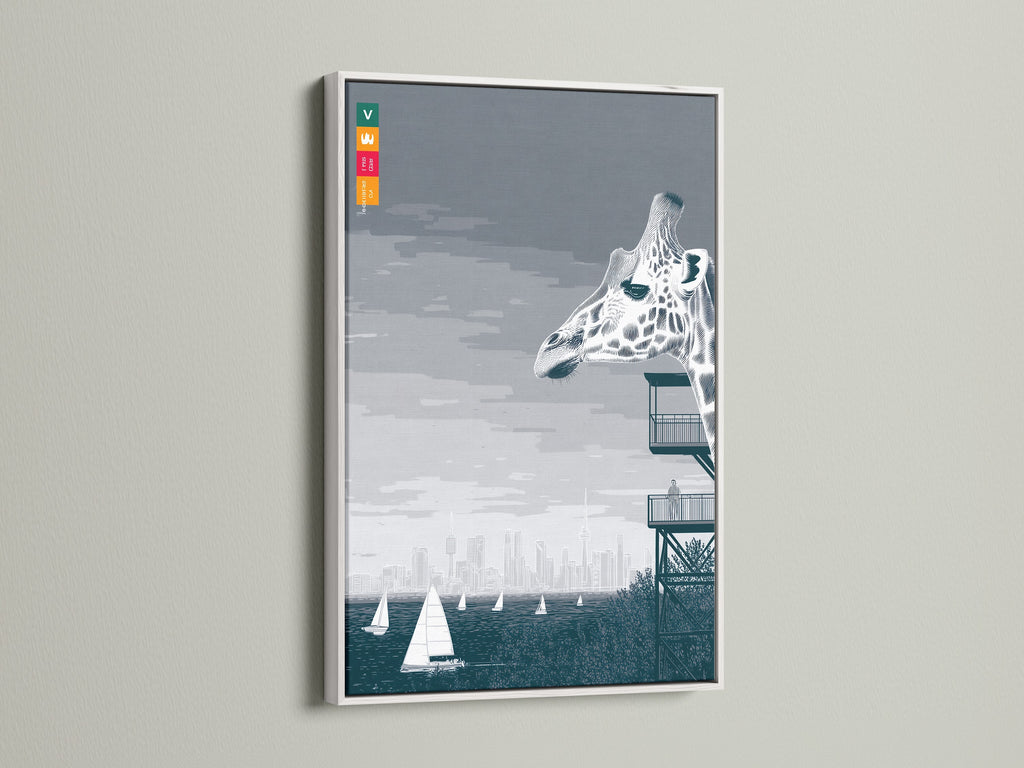 Modern coastal artwork featuring a giraffe city skyline and sailboats. It's framed in white. The gray and blue palette adds a calming touch. This artwork enhances living rooms bedrooms and offices.