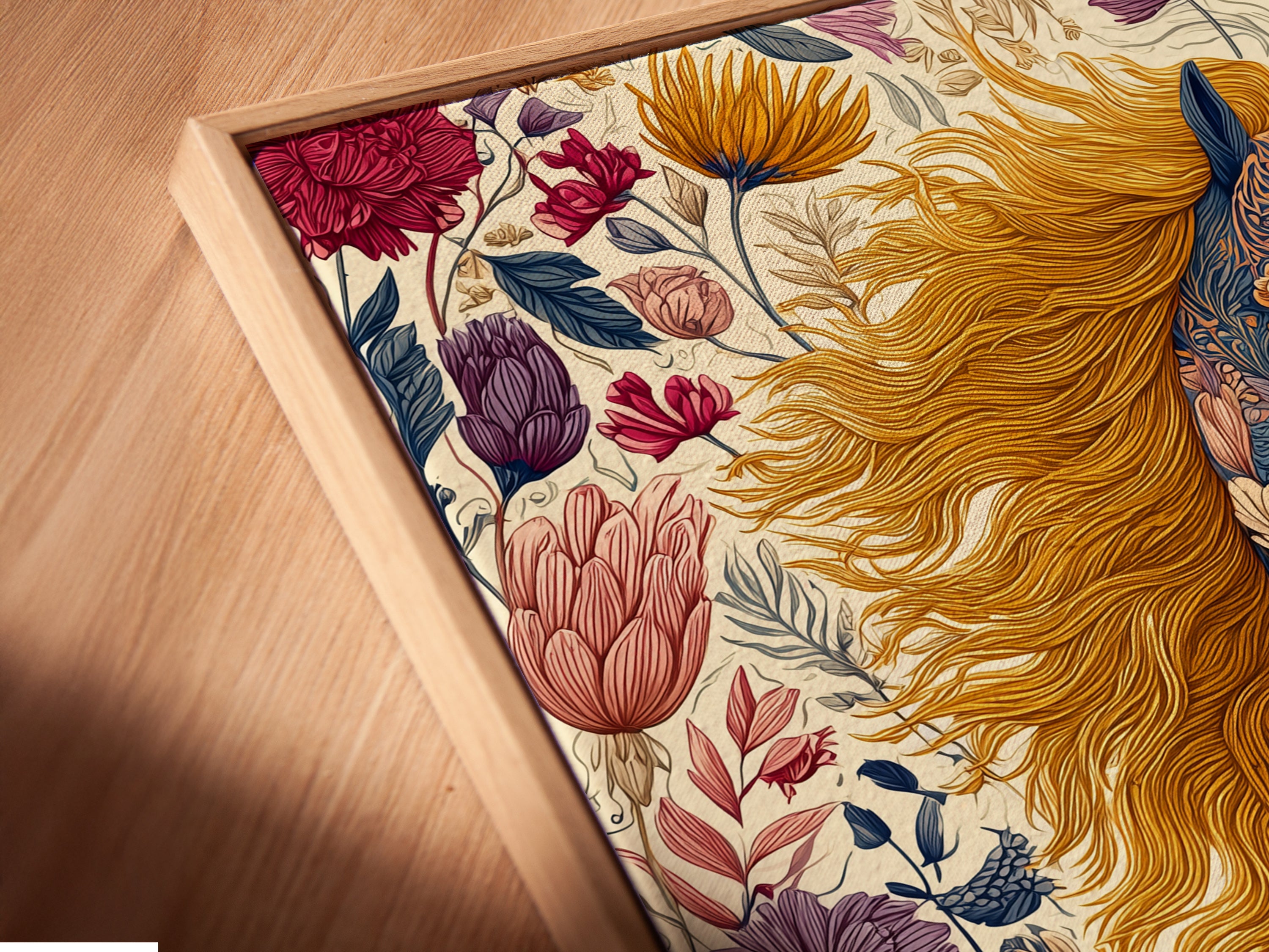 Get a close-up view of a canvas print in a floating frame. This modern framing option adds depth to your artwork. The floating frame enhances the visual appeal. Perfect for showcasing your floral unicorn artwork. It's an elevated way to display art.