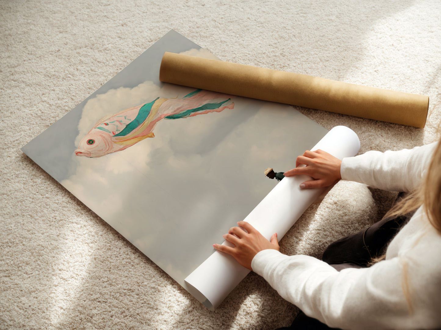 A woman is rolling fine art poster paper. High-quality paper is used. It ensures the surreal flying fish artwork looks its best. The paper enhances the pastel colors and dreamlike quality. This fine art poster paper is perfect for creating unique artwork. It will add a whimsical touch to any room.