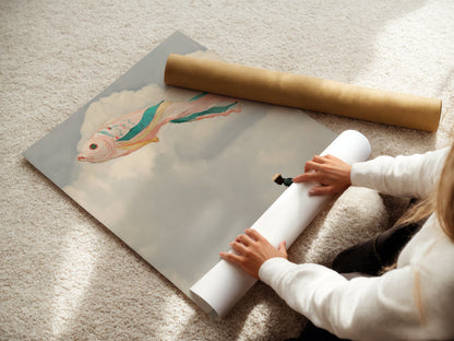 A woman is rolling fine art poster paper. High-quality paper is used. It ensures the surreal flying fish artwork looks its best. The paper enhances the pastel colors and dreamlike quality. This fine art poster paper is perfect for creating unique artwork. It will add a whimsical touch to any room.