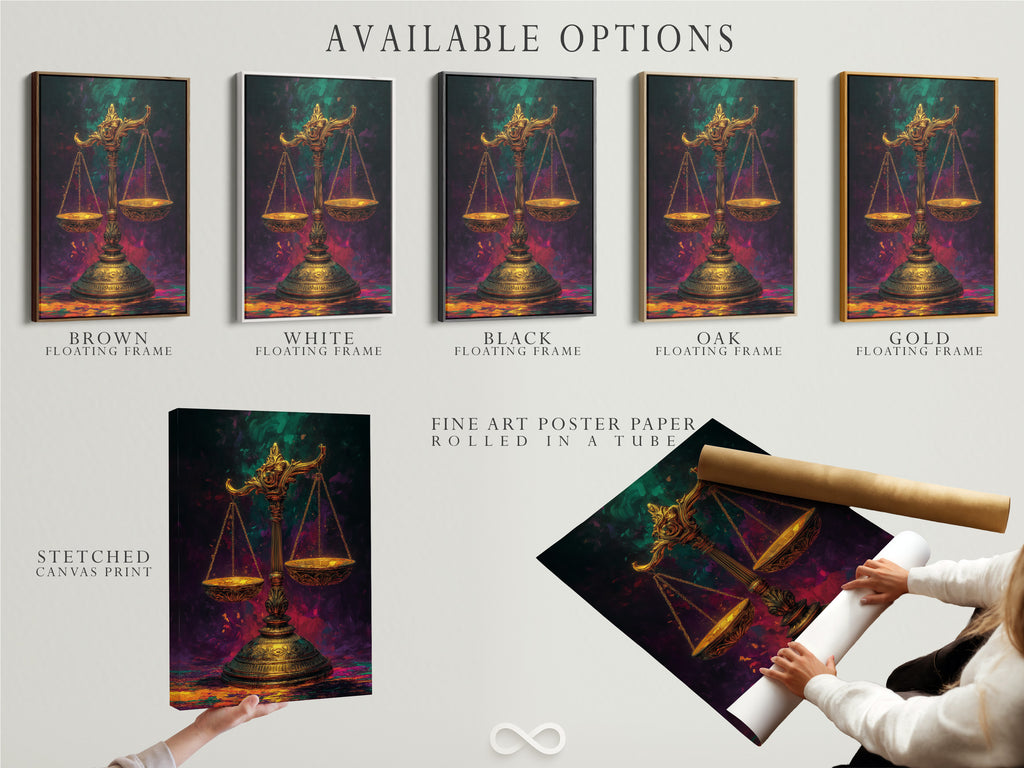 Explore available options for the scales of justice artwork. Choose between a stretched canvas print fine art poster paper or floating frame. This mystical art print is perfect for lawyers law students and legal professionals. Enhance your law office today.