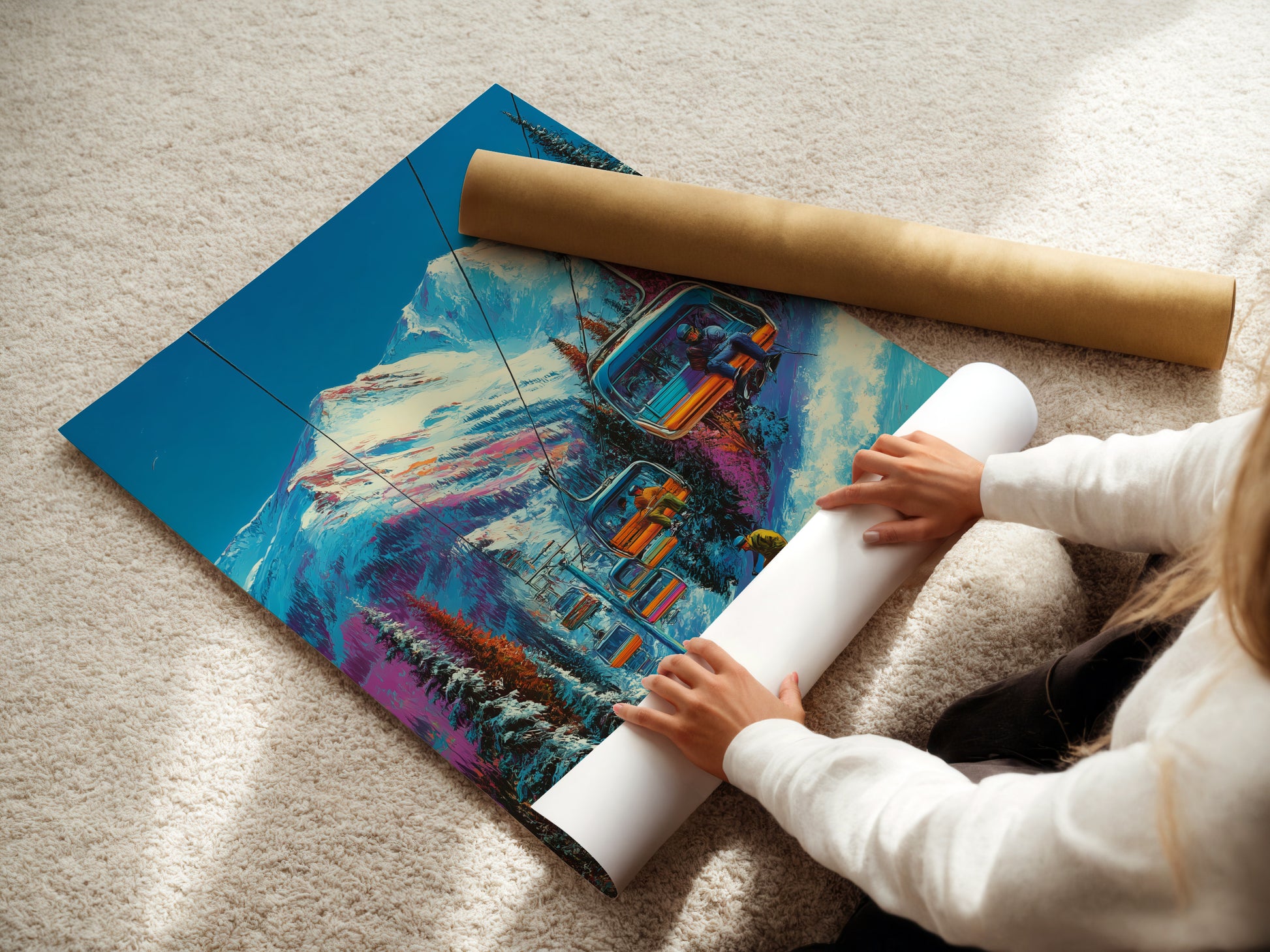 A woman is carefully rolling a fine art poster paper. The poster features ski resort art. It shows a mountain chairlift. This winter sports poster is perfect for cabin decor. The alpine ski print is ready for framing. Get yours today for elevated wall art.