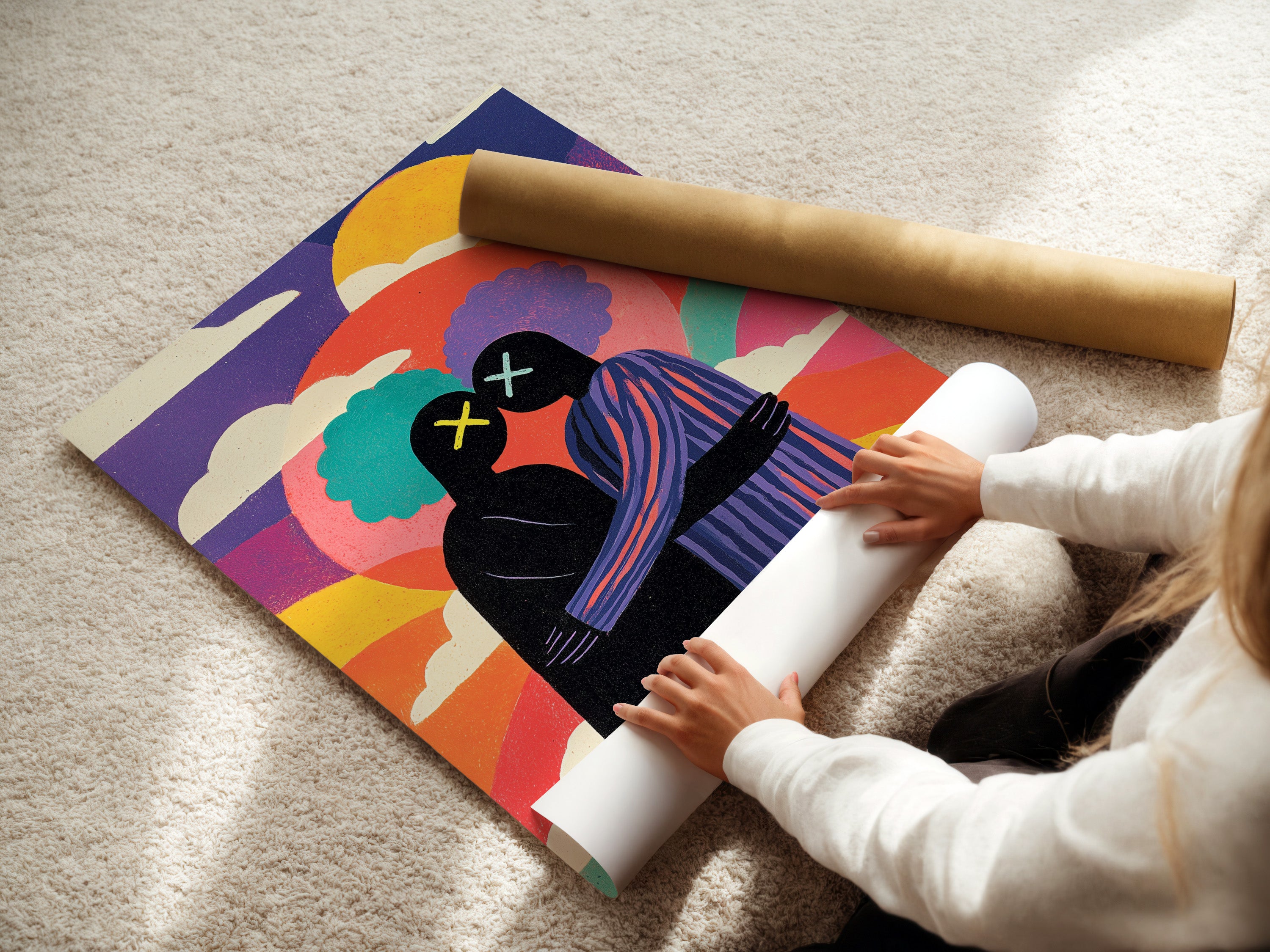 A woman is carefully rolling a fine art poster paper. The poster paper is high-quality. Ensuring it is ready for framing or display. High-quality paper enhances the artwork. Discover fine art poster options.