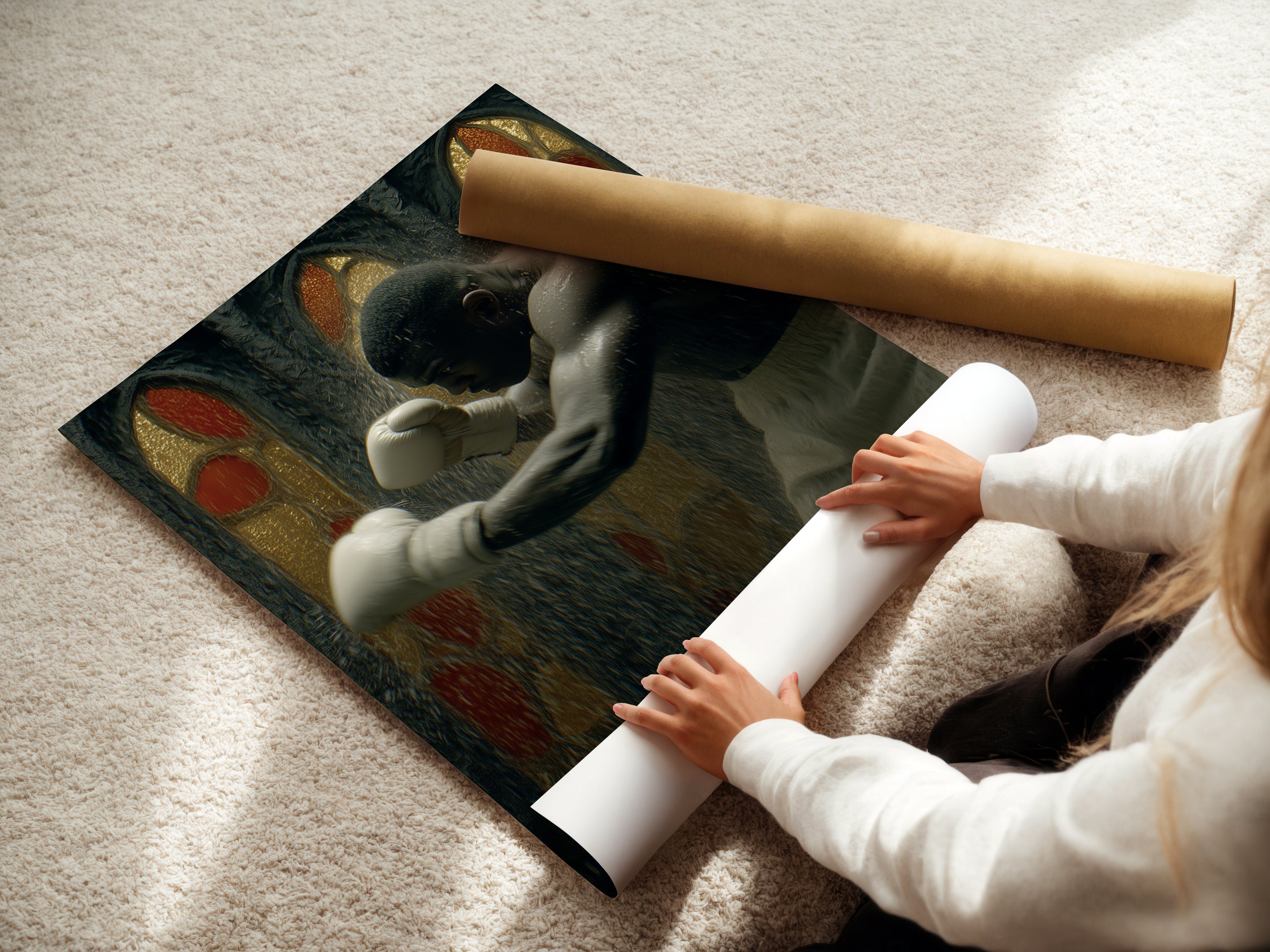A woman carefully rolls a fine art poster paper. The vintage boxing artwork is printed on high-quality material. This ensures a lasting and beautiful piece. Ideal for gothic sports canvas art. Great for man cave decor and athletic wall art.