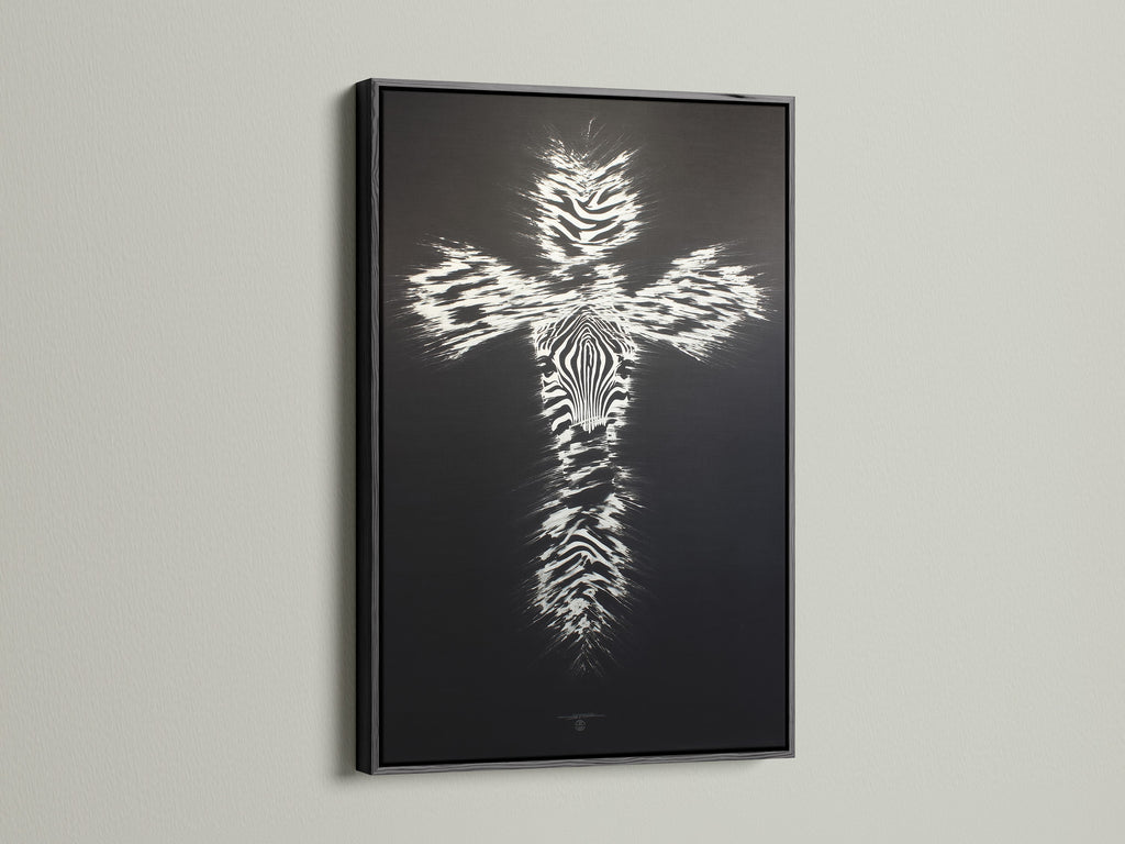The Christian Cross Wall Art is displayed in a black frame. The black frame complements the zebra pattern cross artwork. This modern religious canvas print adds a faith-inspired touch. Perfect for living rooms bedrooms offices or any space in need of a spiritual accent.