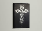 The Christian Cross Wall Art is displayed in a black frame. The black frame complements the zebra pattern cross artwork. This modern religious canvas print adds a faith-inspired touch. Perfect for living rooms bedrooms offices or any space in need of a spiritual accent.