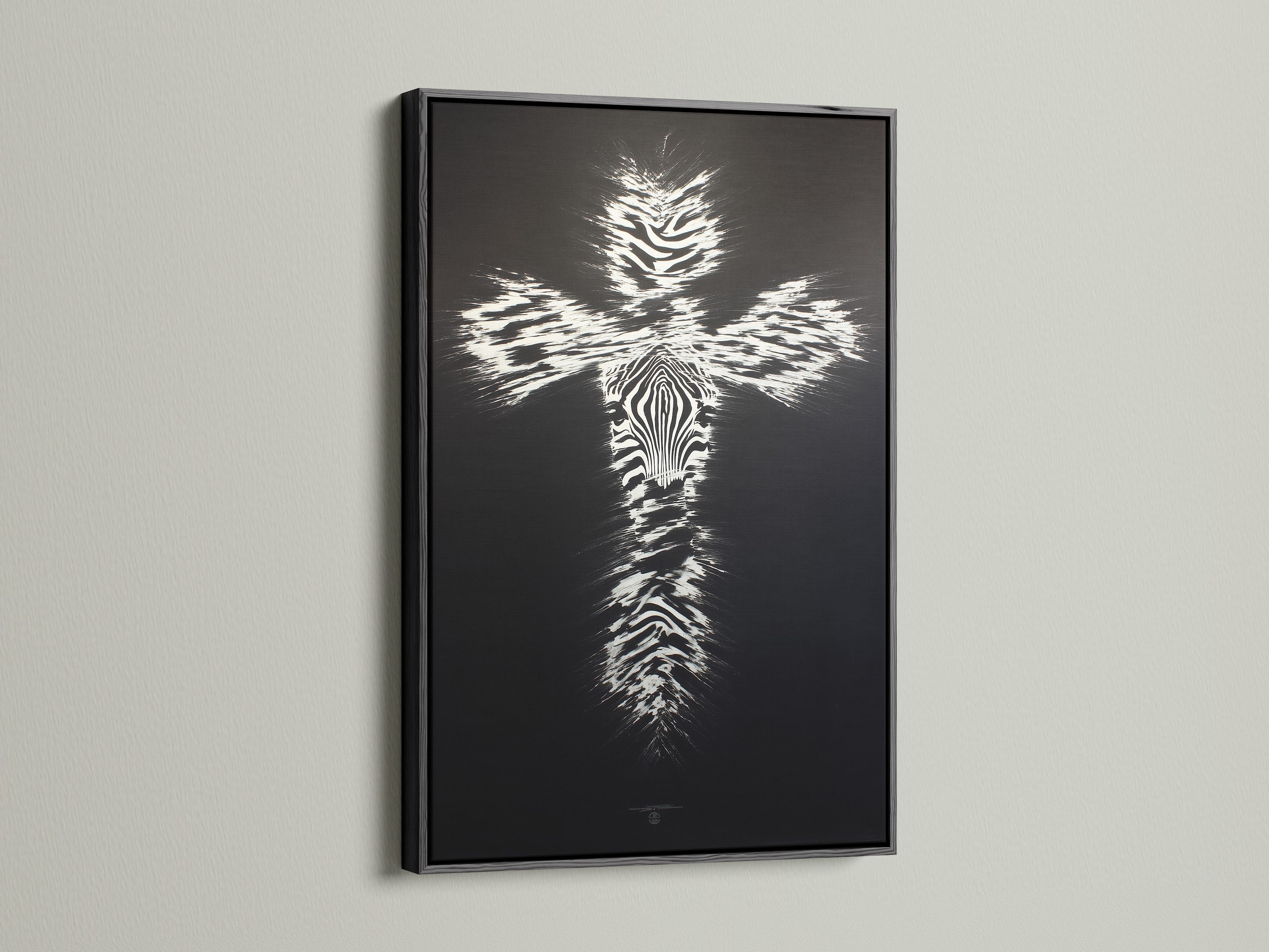 The Christian Cross Wall Art is displayed in a black frame. The black frame complements the zebra pattern cross artwork. This modern religious canvas print adds a faith-inspired touch. Perfect for living rooms bedrooms offices or any space in need of a spiritual accent.