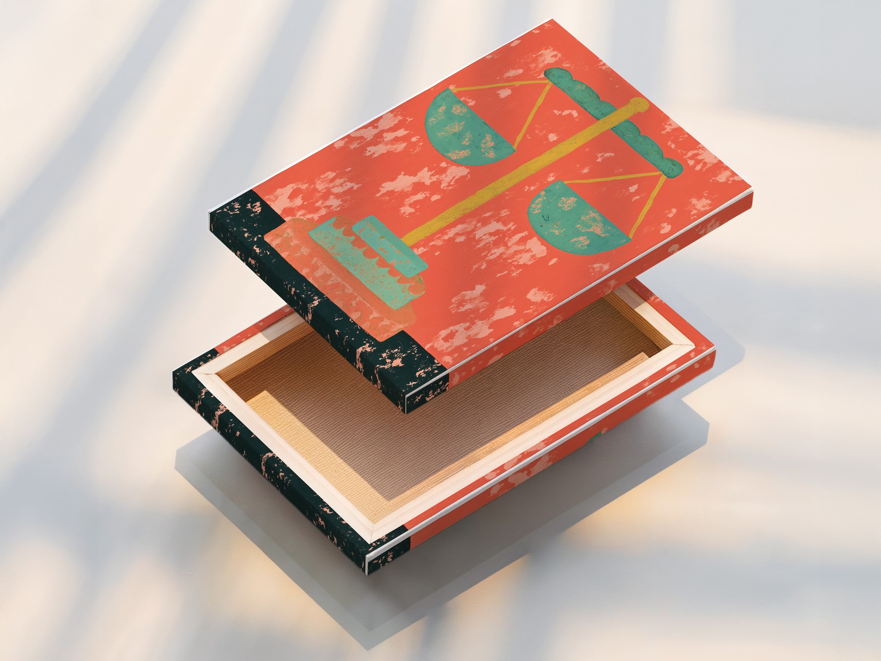 A stretched canvas print of the Justice Scales artwork. The artwork is ready to hang. It is perfect for law firms legal practices and home offices. This vintage-style legal print is a great gift for lawyers. The orange and green Mid-Century colors add a touch of style.