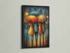 The Rainy City canvas print is displayed in a sleek black frame. This cityscape artwork adds a modern touch to any room. The colorful umbrellas and rainy scene create a moody atmosphere. Perfect for urban wall decor.