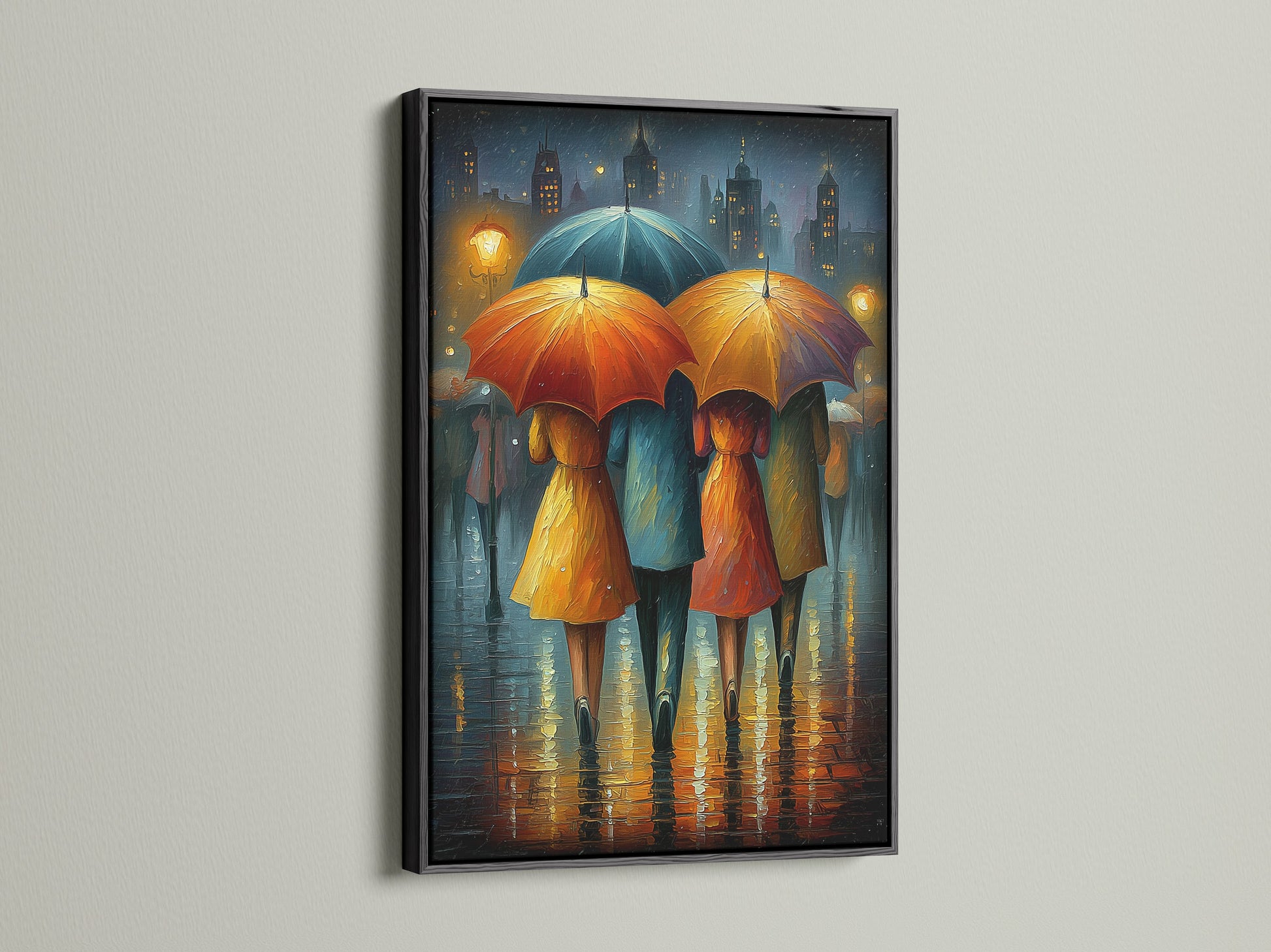 The Rainy City canvas print is displayed in a sleek black frame. This cityscape artwork adds a modern touch to any room. The colorful umbrellas and rainy scene create a moody atmosphere. Perfect for urban wall decor.