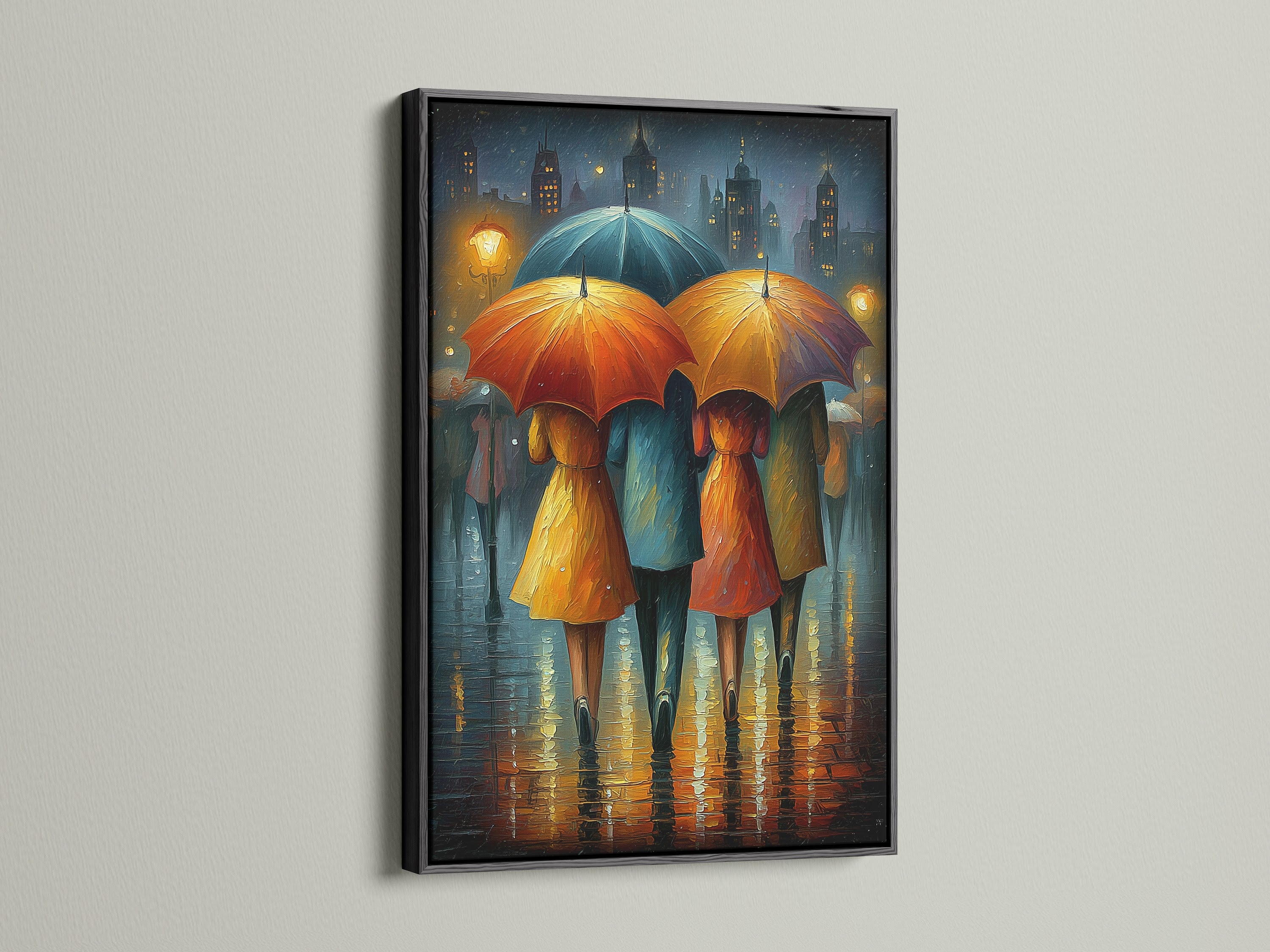 The Rainy City canvas print is displayed in a sleek black frame. This cityscape artwork adds a modern touch to any room. The colorful umbrellas and rainy scene create a moody atmosphere. Perfect for urban wall decor.