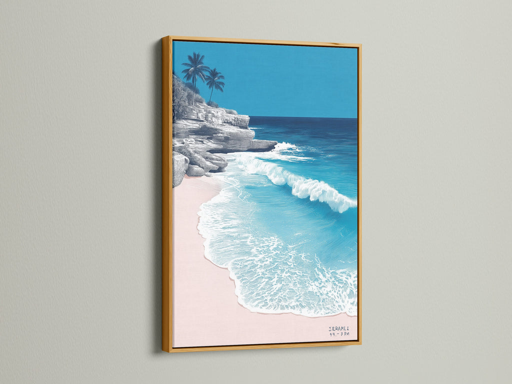 Tropical beach artwork in a gold frame adds elegance. The turquoise ocean wall art is perfect for upscale interiors. This coastal landscape photography can elevate clinics and spas. Browse our sea view prints today.