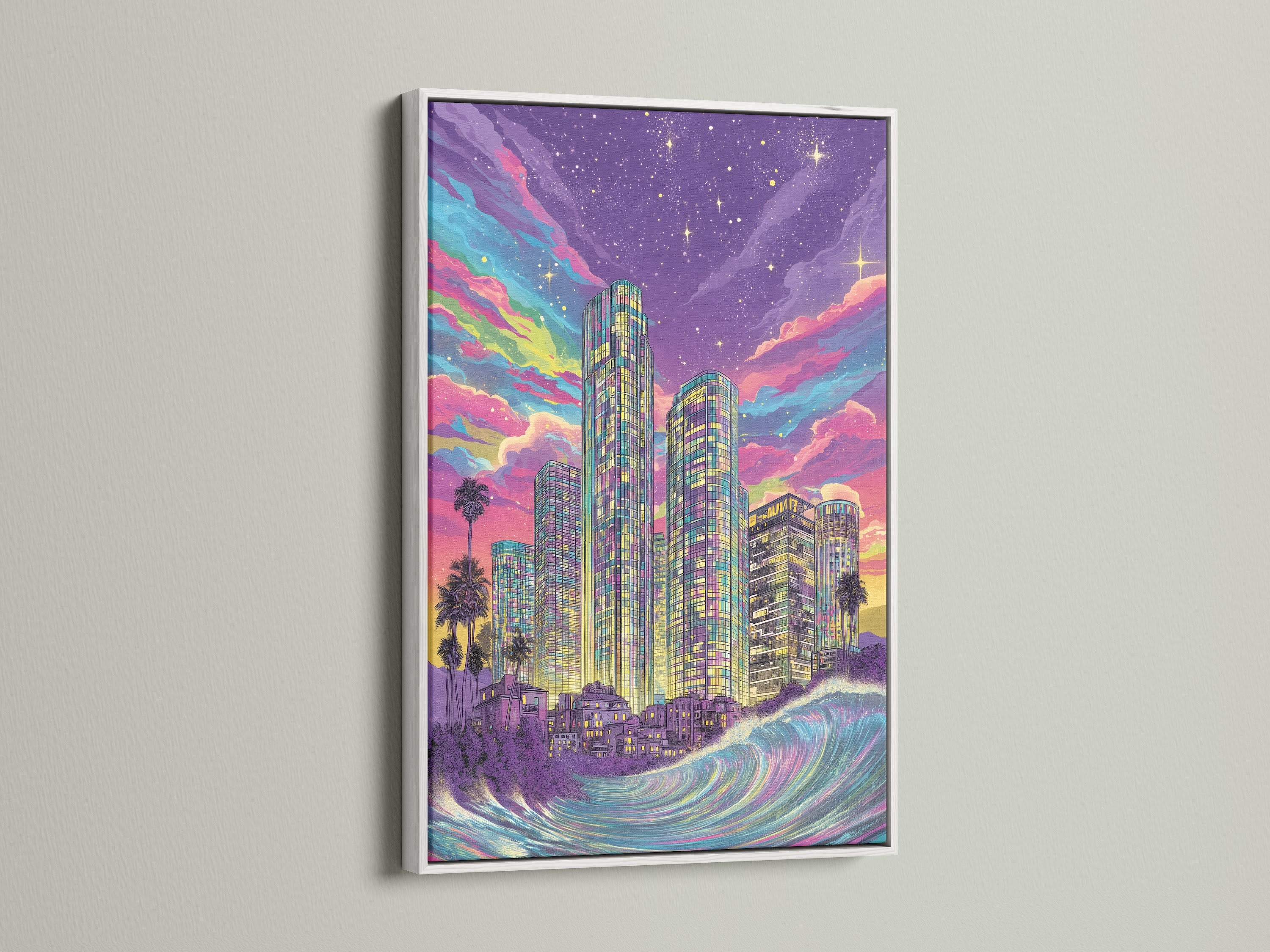 A white frame showcases our vibrant synthwave cityscape artwork. The neon wall art brings a pop of color. This retro futuristic piece is ideal for any room. Discover the beauty of the purple skyline. A great addition to any space.
