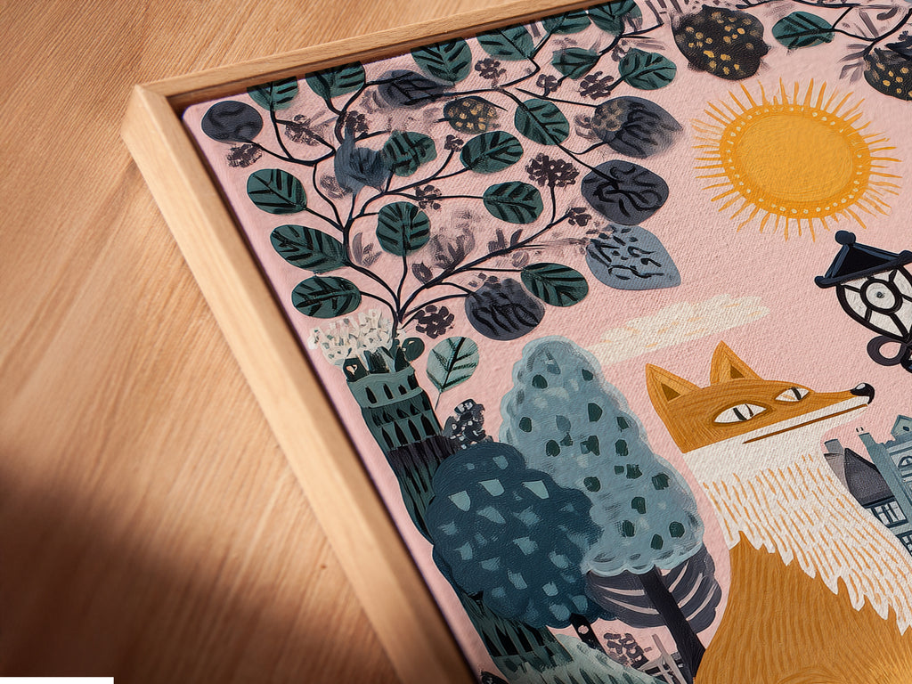 Angled close up of a canvas print in a floating frame. The artwork depicts a whimsical chess game between a fox and wolf. The pink pastel colors make it ideal for a kids room. This fable artwork adds a touch of cute contemporary style. Perfect for nursery wall art and animal art enthusiasts.