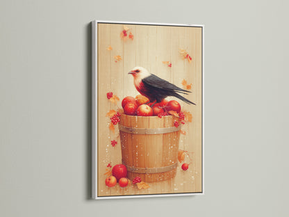 Bird and Apples canvas print with a white frame. The white frame offers a clean modern look. This piece is a rustic fall still life artwork. The artwork is great for kitchen decor. It provides a fresh and elegant touch to your space. The print displays a bird on a bucket of apples.