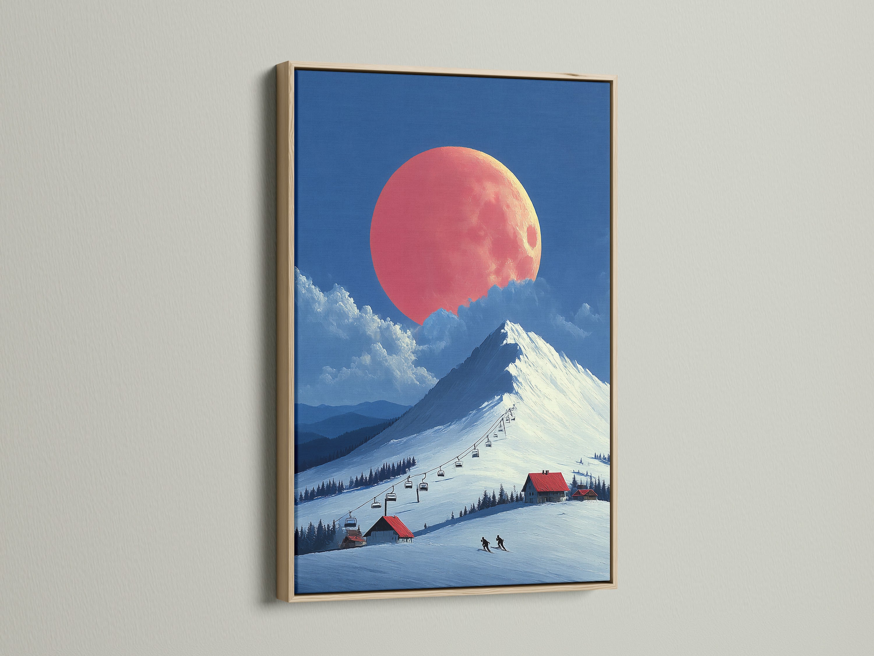 This oak frame complements the winter canvas print perfectly. The ski resort artwork brings a touch of alpine charm. It's a coral moon mountain landscape. Ideal for creating a cozy bedroom decor. Notice the intricate details of the frame.