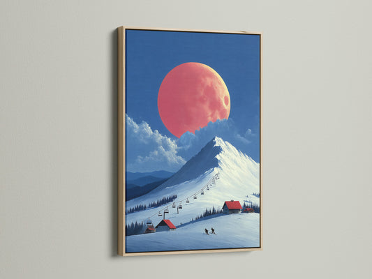 This oak frame complements the winter canvas print perfectly. The ski resort artwork brings a touch of alpine charm. It's a coral moon mountain landscape. Ideal for creating a cozy bedroom decor. Notice the intricate details of the frame.