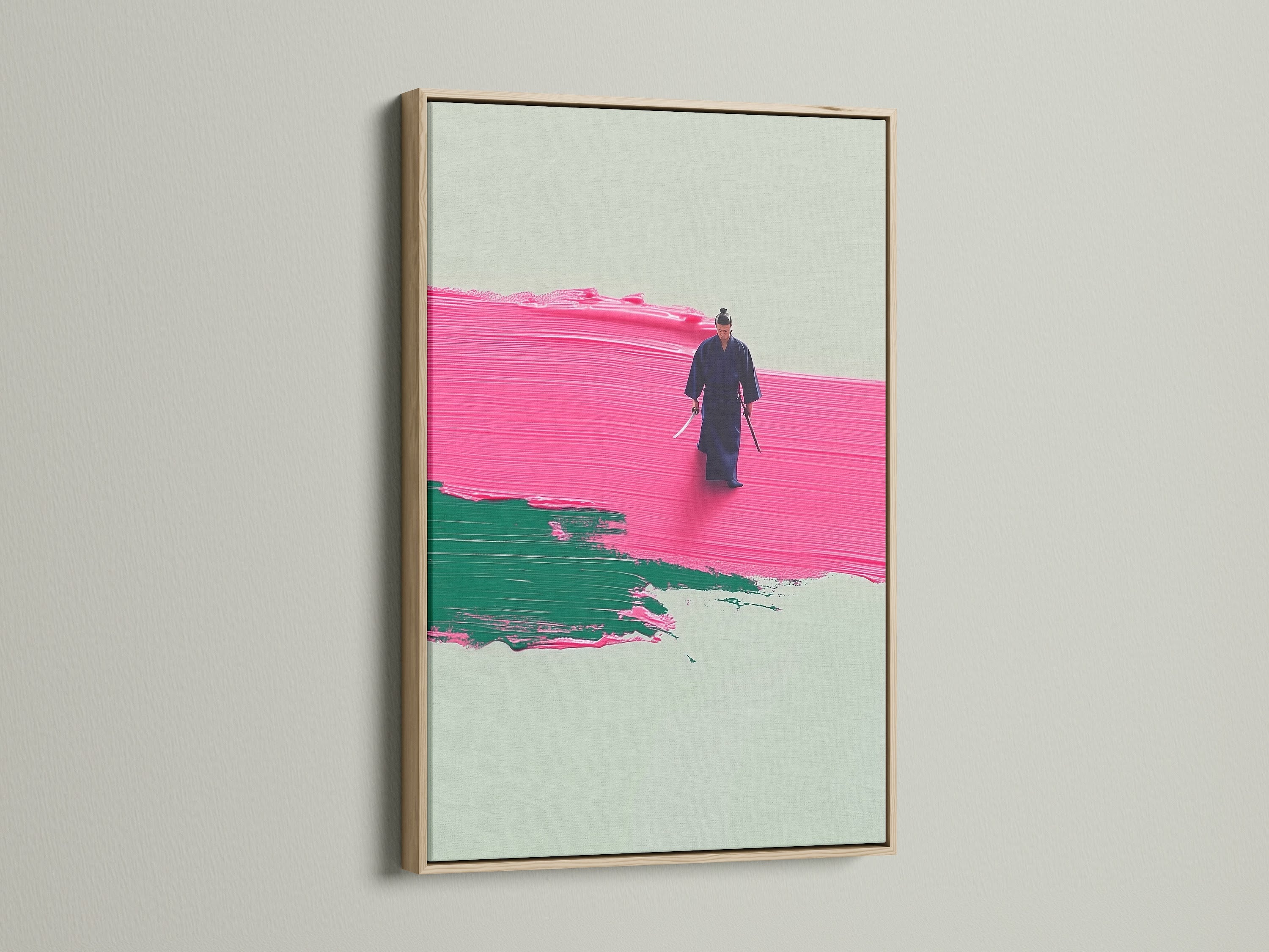 The Abstract Pink Samurai Canvas Artwork is showcased in an oak frame. The warm tones of the oak enhance the artwork's contemporary style. Perfect for homeowners and interior designers. Elevate your space with samurai wall art.