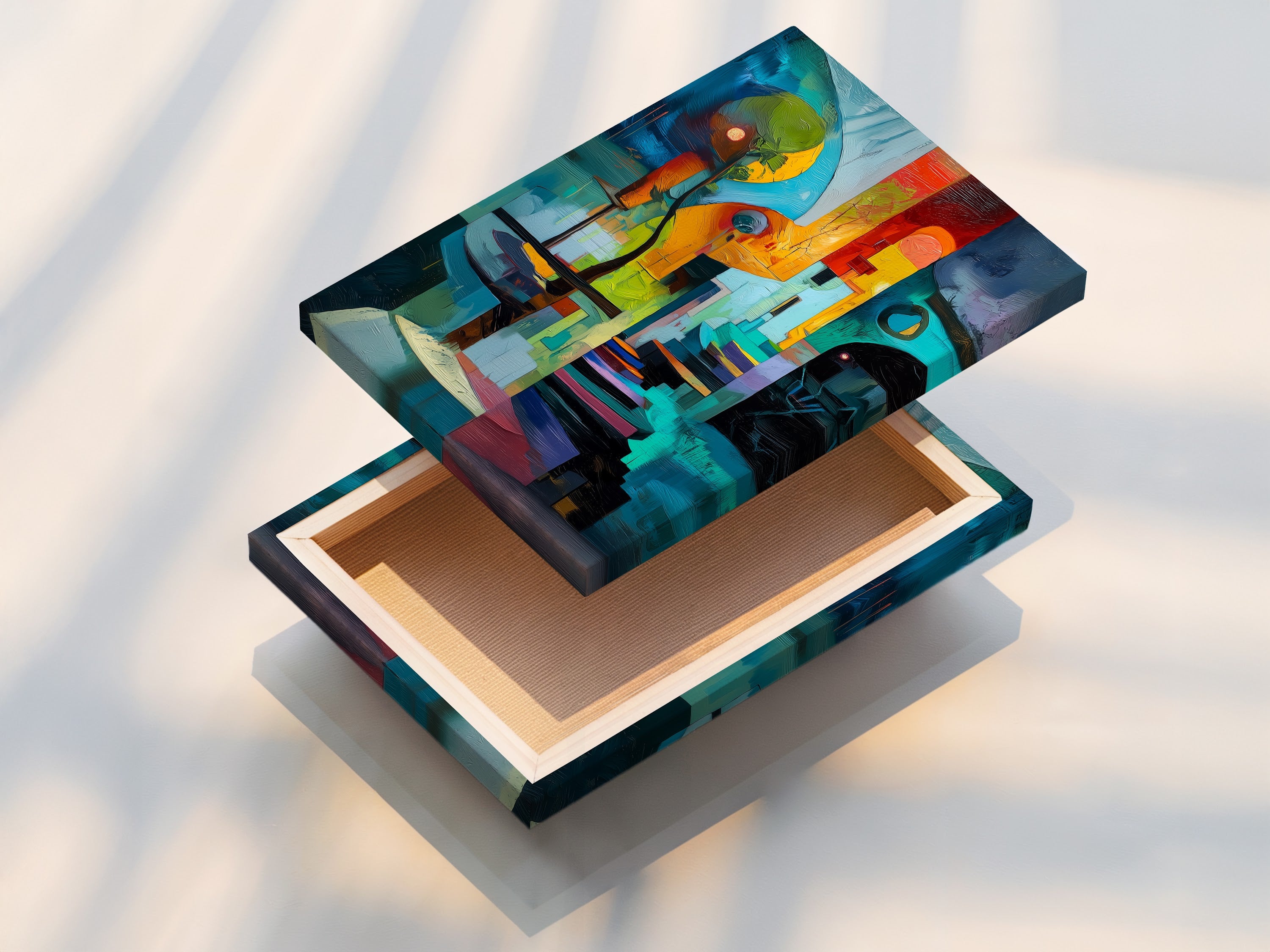 Stretched canvas print featuring a geometric abstract artwork. Teal and orange colors create a modern vibe. This contemporary piece is ready to hang. Perfect for living rooms and office spaces. Elevate your decor with this vibrant art print. Homeowners and renters love this.