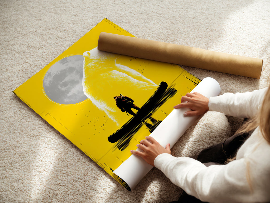 Woman rolling a Grizzly Bear and Hunter Canoe Fine Art Poster Paper. The yellow wildlife art print is carefully handled. High-quality fine art paper ensures the artwork looks vibrant and lasts long. Perfect for art enthusiasts.