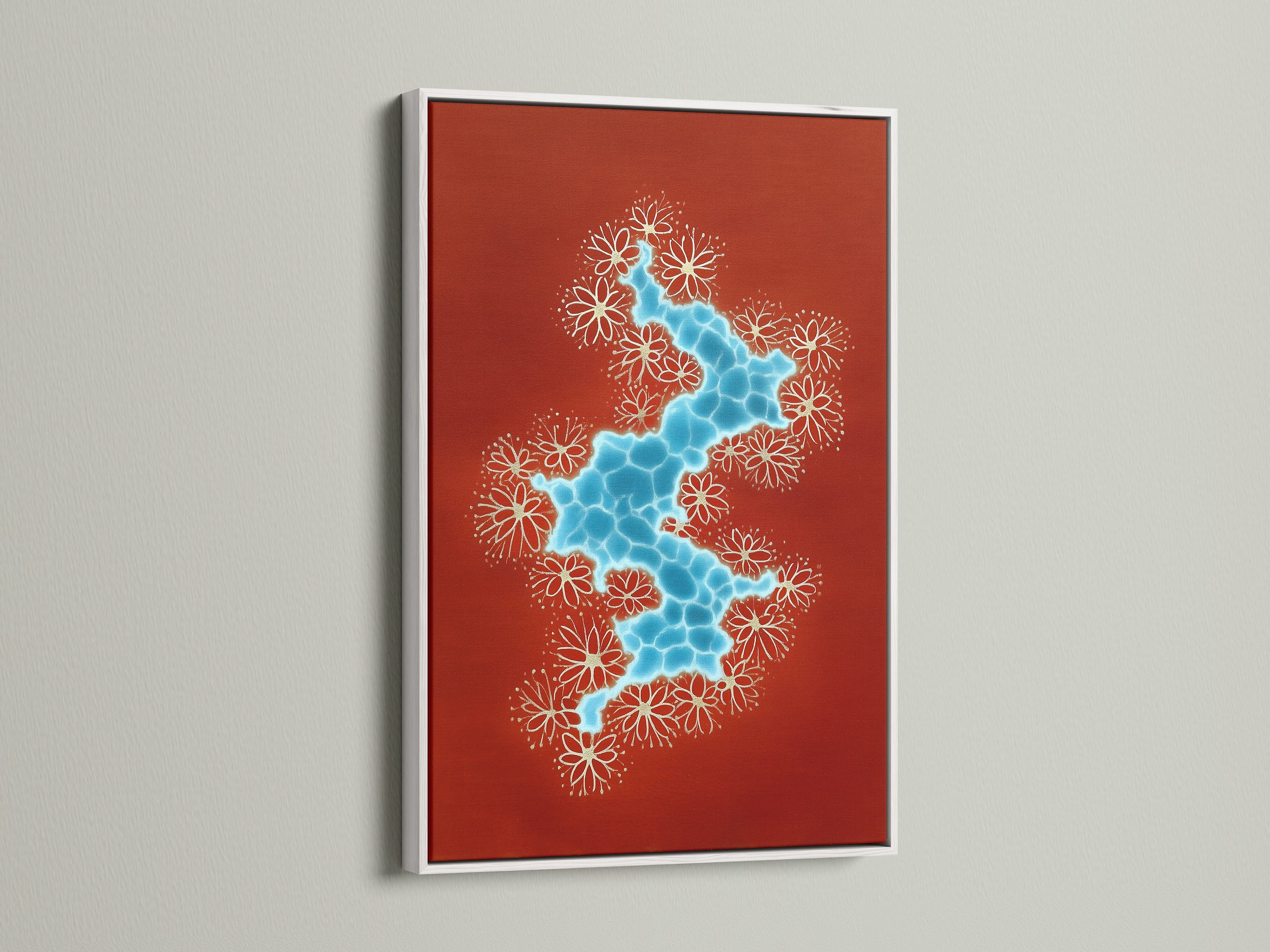 Abstract River artwork with a terracotta and blue color palette. The artwork is displayed in a white frame. This modern botanical artwork adds a touch of nature and sophistication to any space. Ideal for living room wall art.