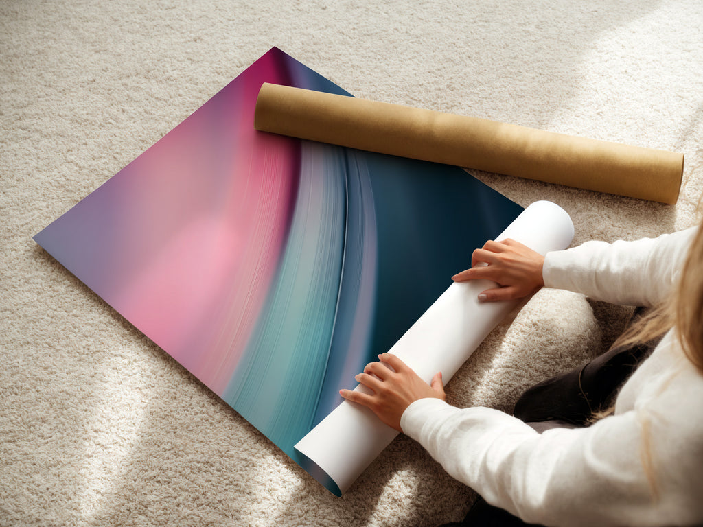 A woman carefully rolls fine art poster paper. She is preserving the quality of the art. The poster paper is handled with care. Ensures the artwork remains in perfect condition. Professional handling for fine art prints. Protect your art with expert care.