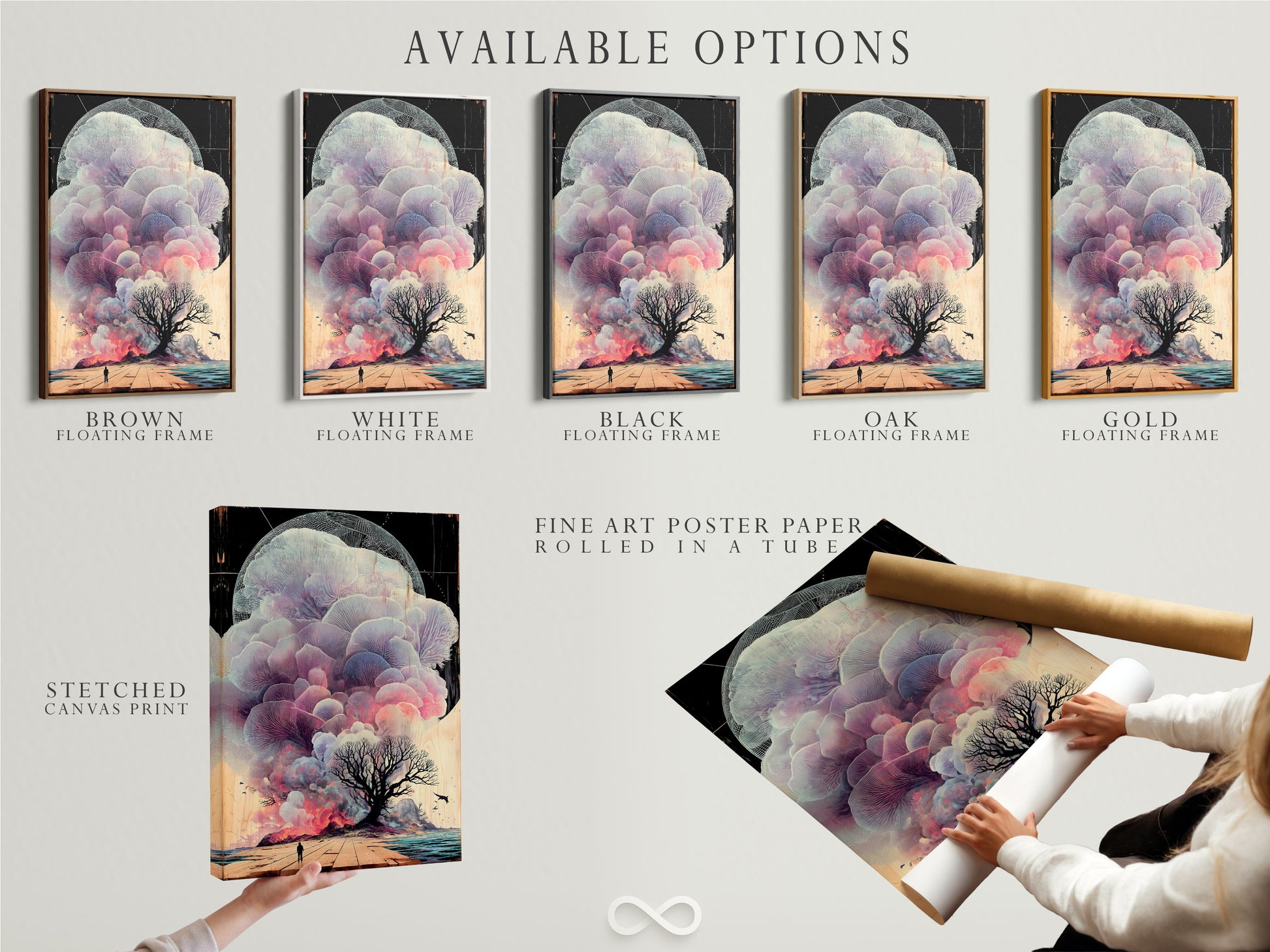 This image shows available options for a surreal landscape artwork. Options include a stretched canvas print fine art poster paper and a floating frame. The artwork features an ethereal tree. Choose the perfect format to enhance your dreamy fantasy wall art. Ideal for modern homes and meditation spaces.