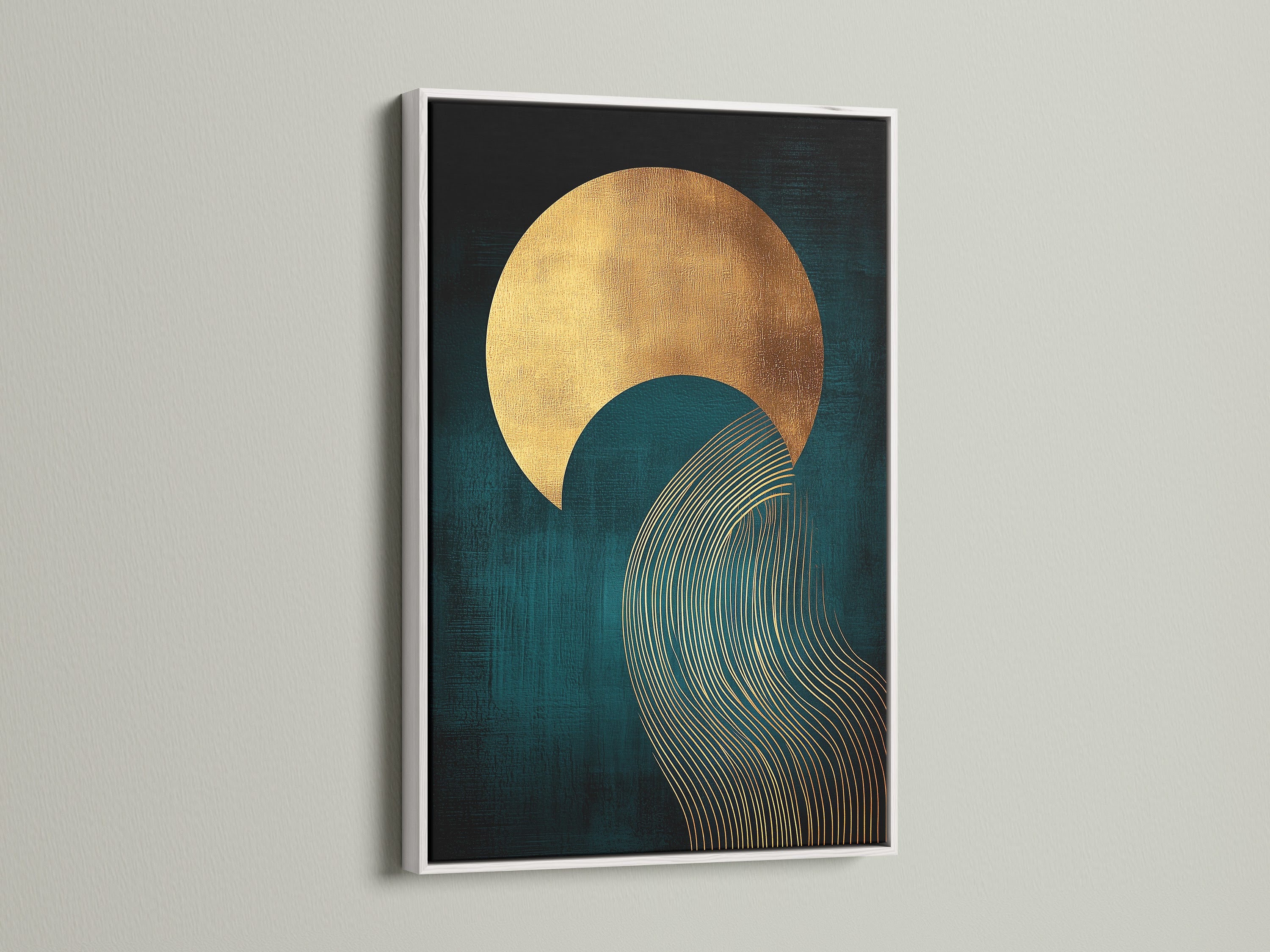 A teal and gold abstract sun wave artwork is presented in a white frame. This contemporary print adds a fresh touch to any wall. The artwork is perfect for bedroom wall decor. It is a sophisticated choice for modern eclectic or minimalist spaces. It will enhance living rooms bedrooms and home offices.