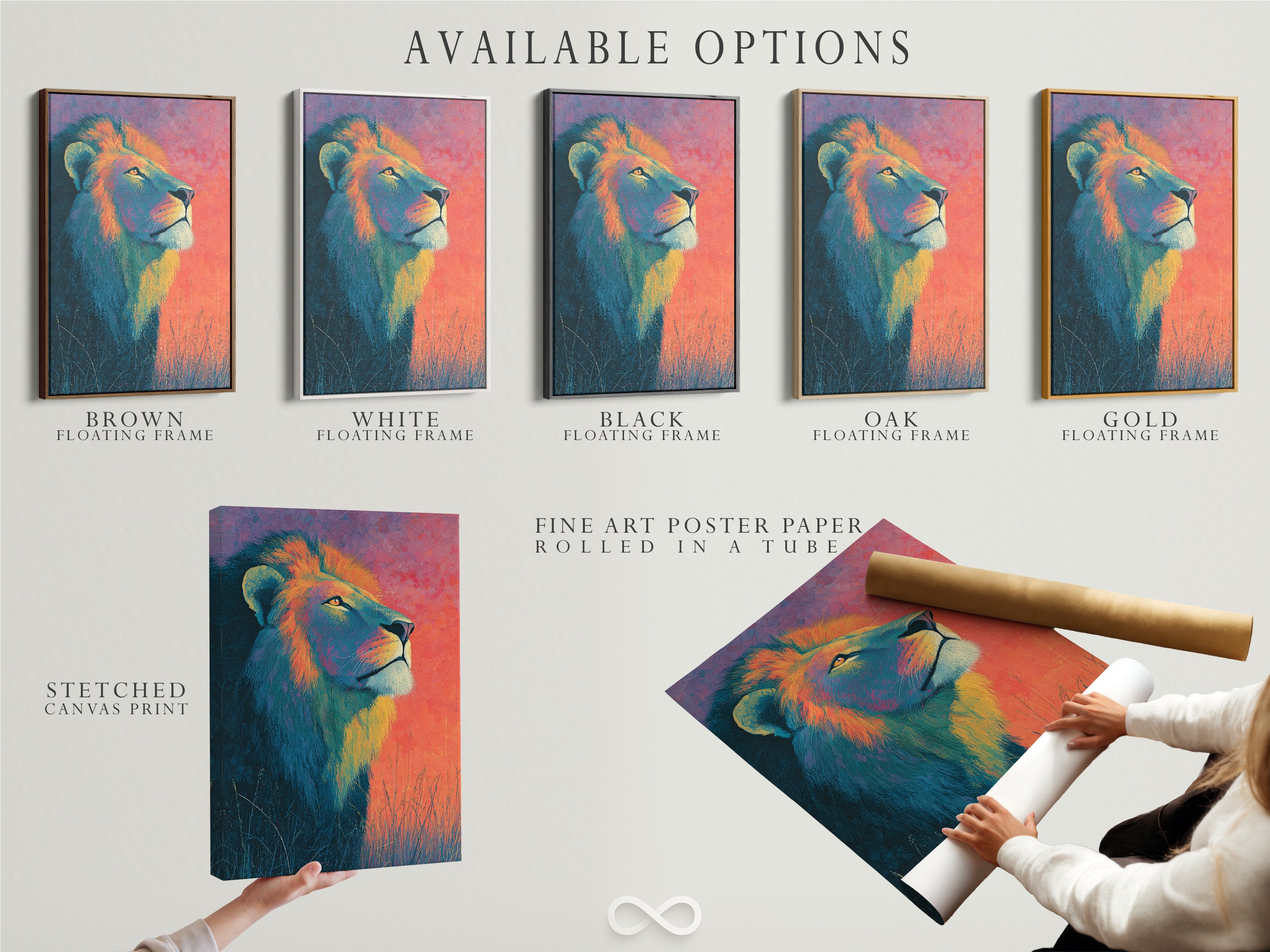 This image shows available art options. Options include a stretched canvas print. Fine art poster paper and a floating frame are also available. Customize your art to match your style. Explore all our available options today.