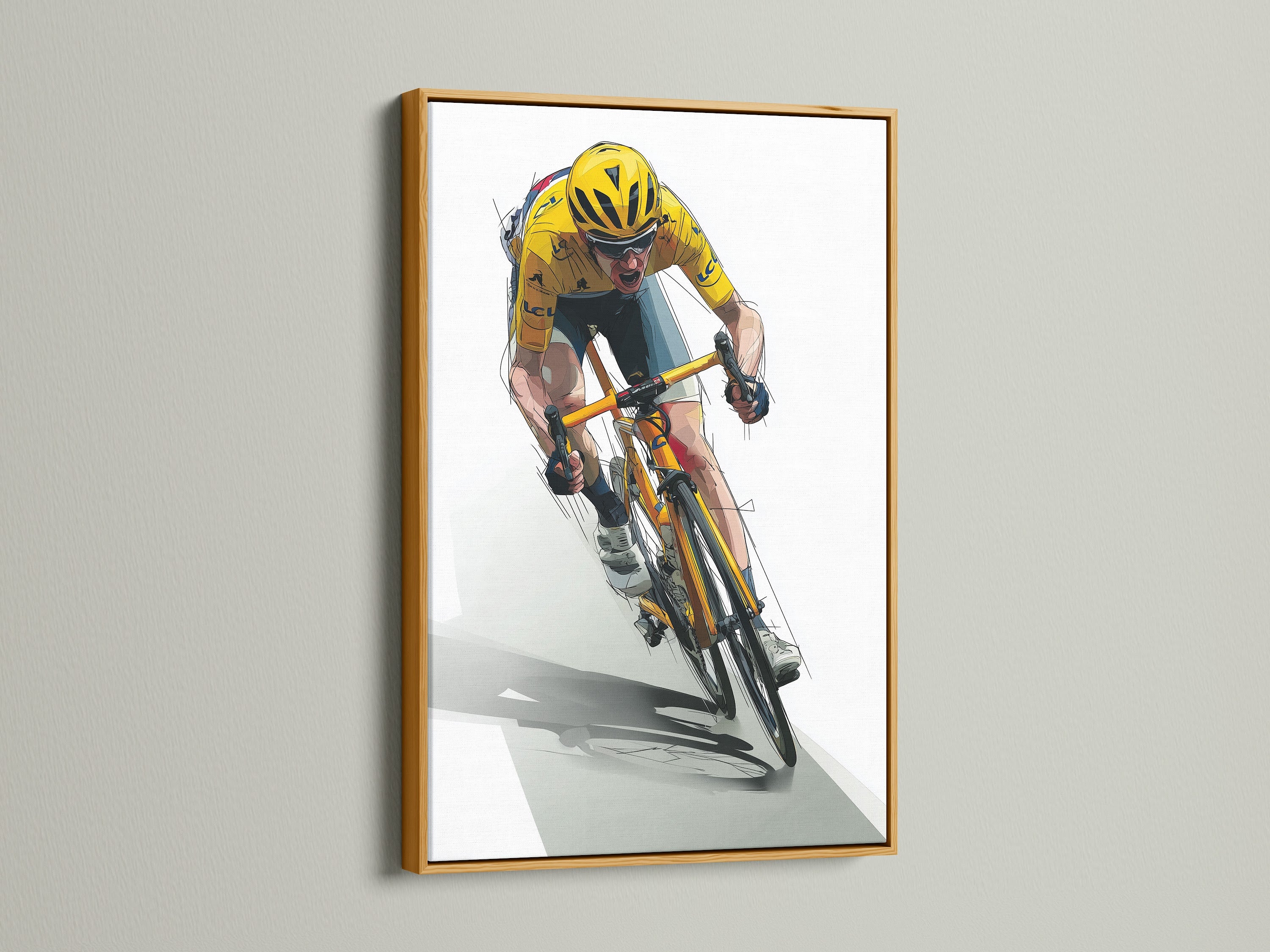 Artwork of a cyclist in the yellow jersey framed in a gold frame. A gold frame adds a touch of luxury and elegance. It will elevate your artwork to a new level. The metallic finish will catch the eye.