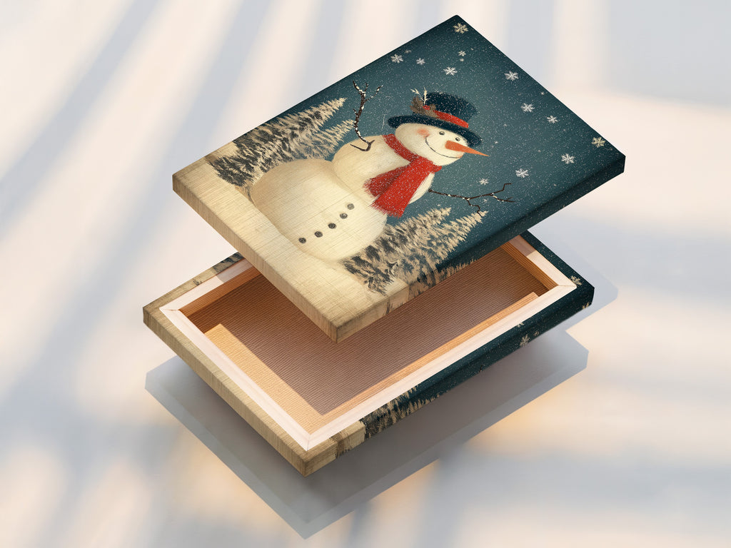 A stretched canvas print showcases snowman artwork. This winter canvas print is ready to hang. It's perfect for rustic holiday decor. Add a cozy touch with this farmhouse Christmas art.