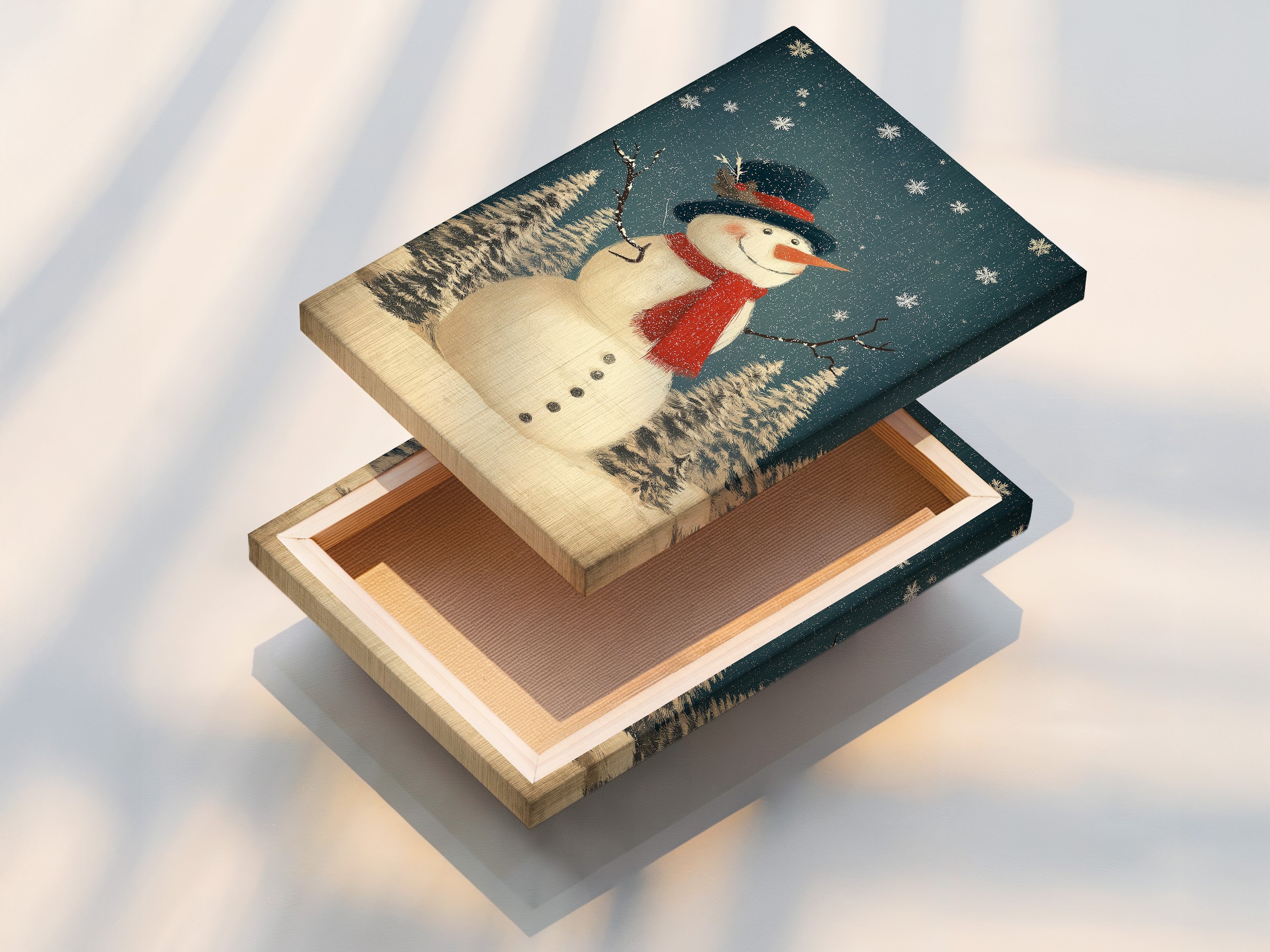 A stretched canvas print showcases snowman artwork. This winter canvas print is ready to hang. It's perfect for rustic holiday decor. Add a cozy touch with this farmhouse Christmas art.