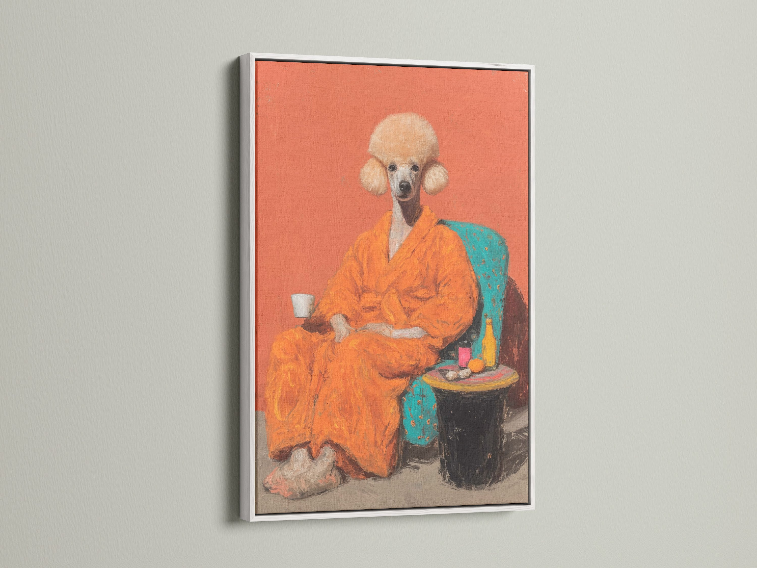 Poodle Portrait Canvas Print in a white frame. This quirky pet art is a fun piece of coral wall art. This orange home decor is perfect as whimsical pet art. It is a great gift for dog lovers. The style is contemporary.