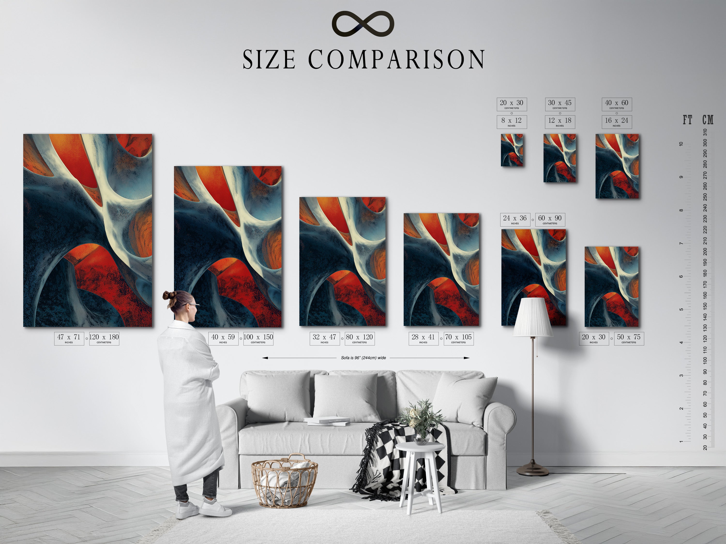 A size comparison chart is shown in an interior setting. The chart helps visualize different artwork sizes in a room. This tool assists in choosing the perfect size for your space. Make informed decisions about your art purchases.