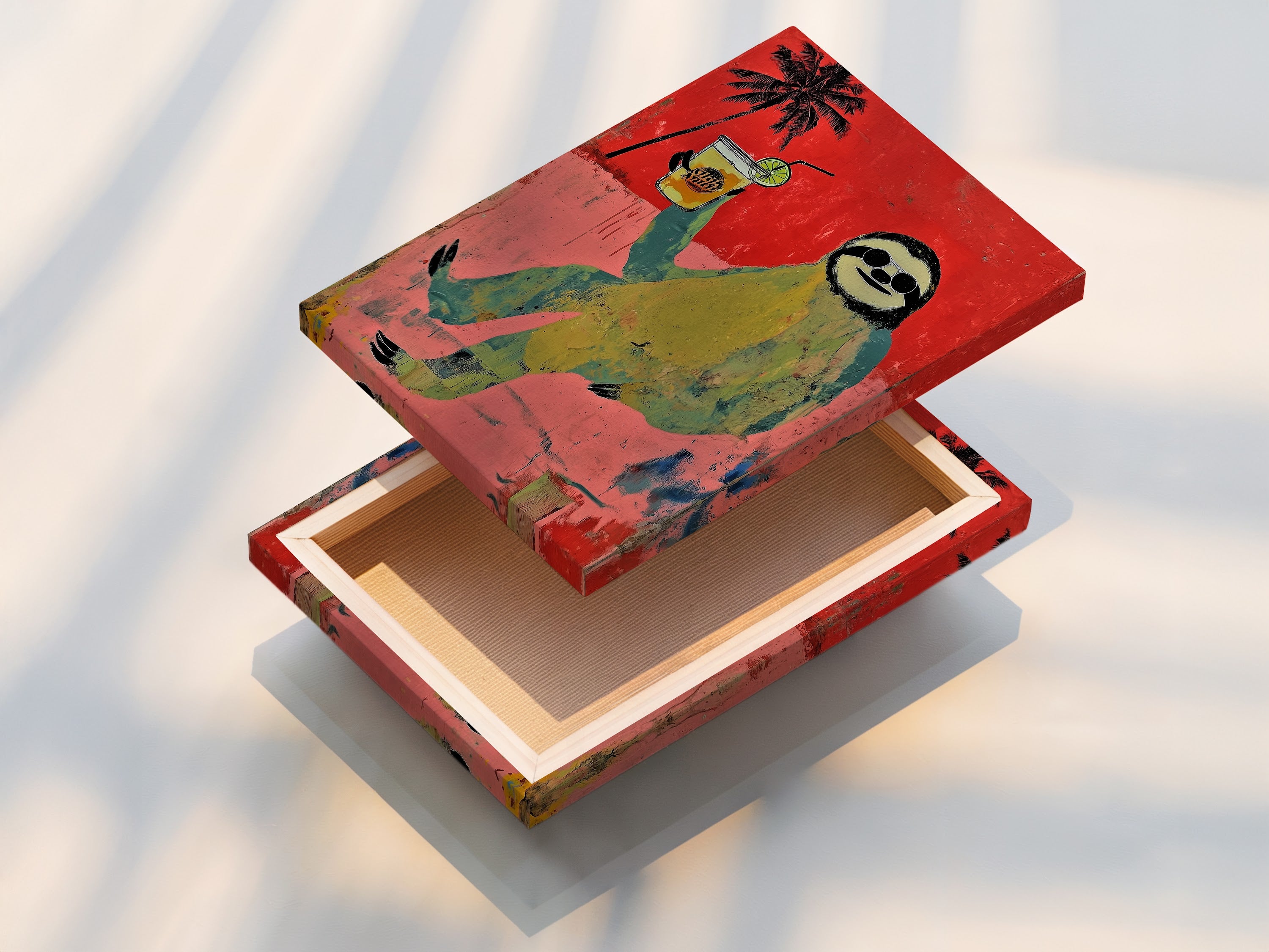 A stretched canvas print displays a fun sloth artwork. This piece is ready to hang and enjoy. The vibrant colors bring a tropical summer feel. It is suitable for bedrooms or living spaces.