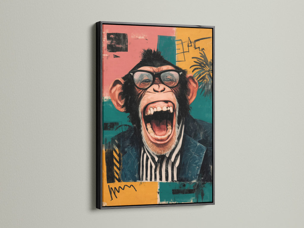 The funny monkey artwork is displayed in a black frame. This animal wall art is a great choice for office decor. The quirky chimp with glasses adds a touch of humor. This black frame complements the colorful wall art. It is ideal for retro style art lovers.