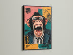 The funny monkey artwork is displayed in a black frame. This animal wall art is a great choice for office decor. The quirky chimp with glasses adds a touch of humor. This black frame complements the colorful wall art. It is ideal for retro style art lovers.