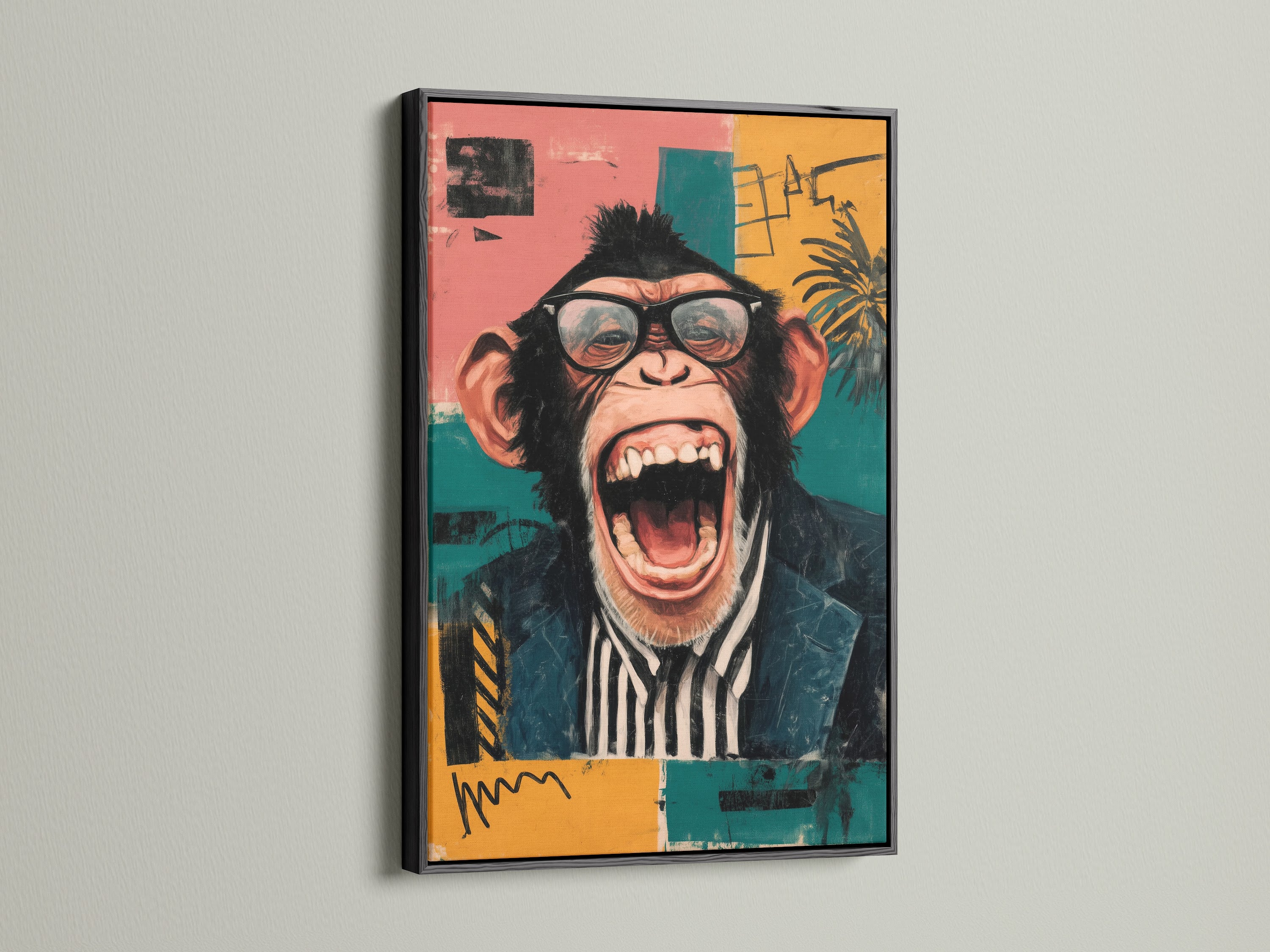 The funny monkey artwork is displayed in a black frame. This animal wall art is a great choice for office decor. The quirky chimp with glasses adds a touch of humor. This black frame complements the colorful wall art. It is ideal for retro style art lovers.