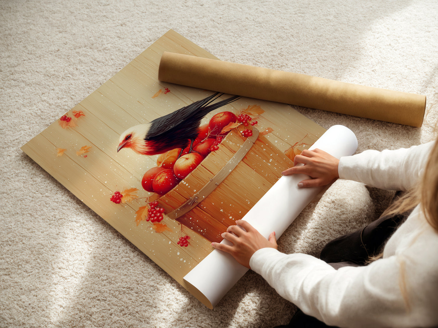 A woman is carefully rolling a fine art poster paper featuring the Bird and Apples artwork. The rustic fall still life piece is great for kitchen decor. The poster paper ensures a high-quality print. It preserves the artwork's intricate details. This is perfect for those seeking a delicate art presentation.