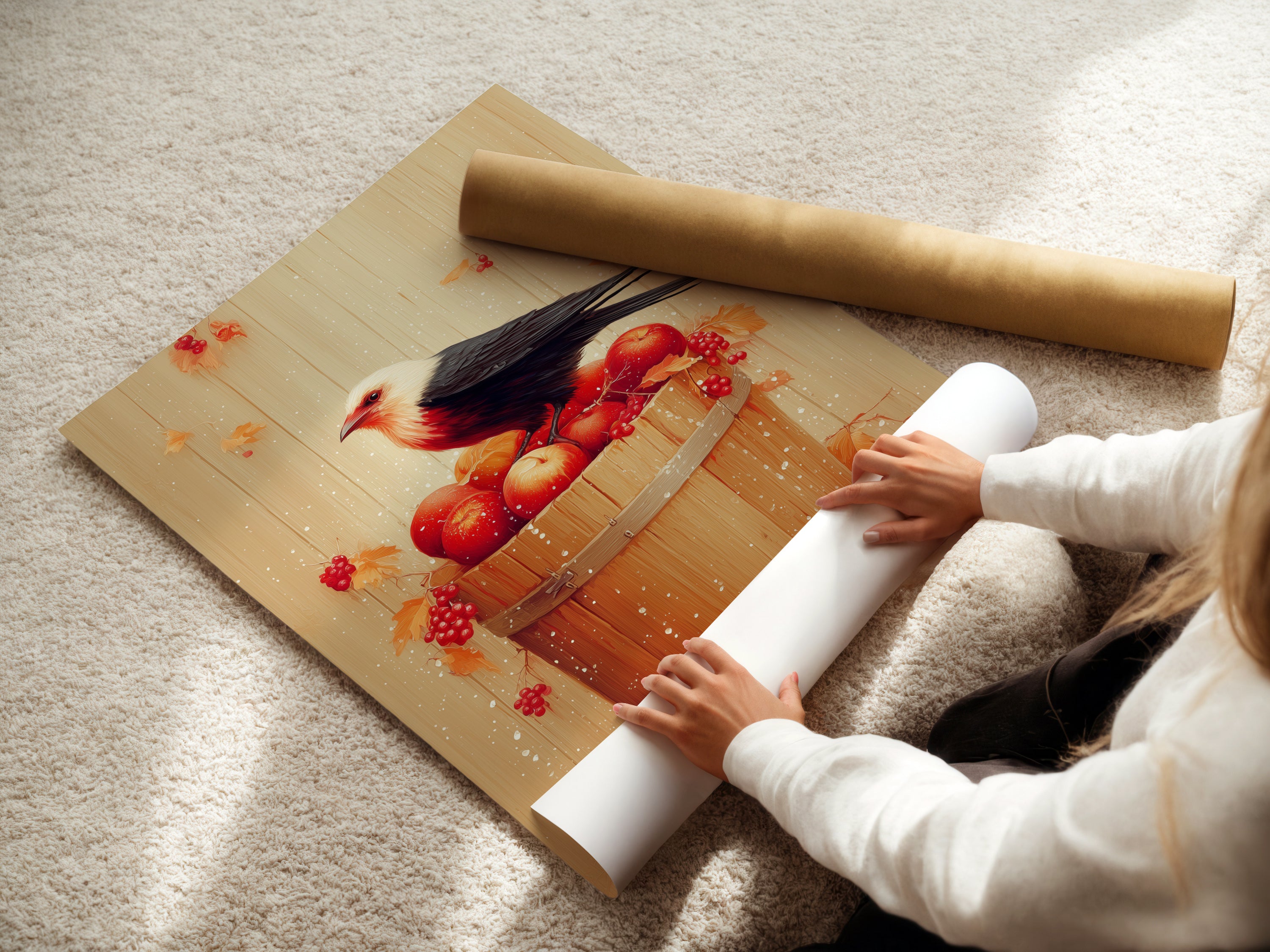 A woman is carefully rolling a fine art poster paper featuring the Bird and Apples artwork. The rustic fall still life piece is great for kitchen decor. The poster paper ensures a high-quality print. It preserves the artwork's intricate details. This is perfect for those seeking a delicate art presentation.