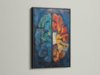 This image features an abstract brain art print in a sleek black frame. The contrast enhances the artwork's vibrant colors. Perfect for modern or eclectic spaces. This psychology wall art adds a touch of sophistication. Elevate your office or home decor with this framed print.
